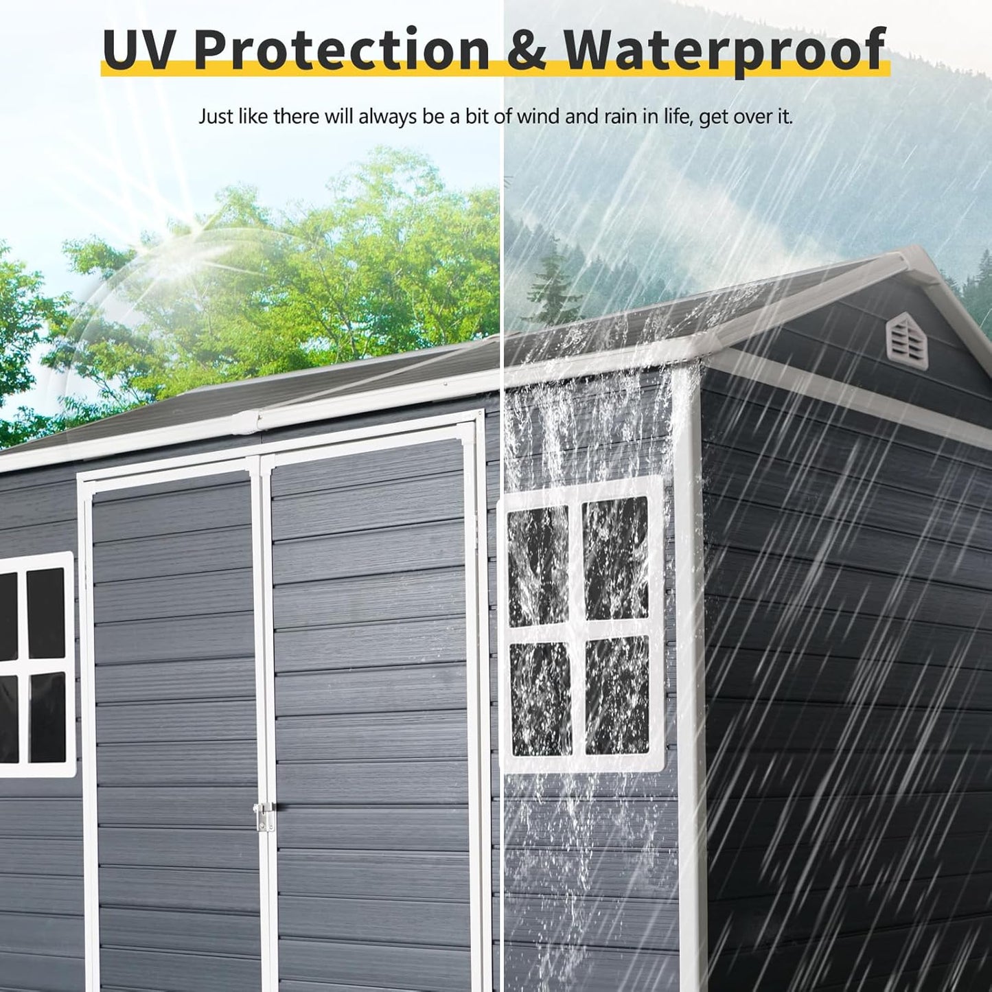 8x6 FT Outdoor Storage Resin Shed with Floor,Waterproof Plastic Garden Bike Shed with Lockable Door, Sloped Roof, Vents & Windows, Easy Assembly Tool Shed for Lawn, Backyard, Patio, Black