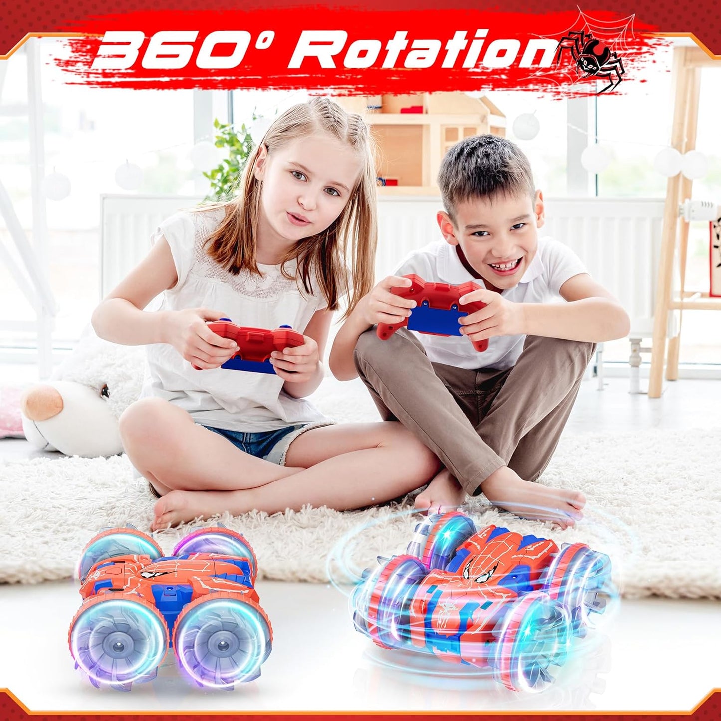 ZIZZ Amphibious Remote Control Car: 4WD Waterproof RC Car 2.4 GHz Remote Control Boat for Kid, Spider Double Sided 360° Rotating RC Stunt with LED Light, Boy Girl Gift All Terrain Water Beach Pool Toy