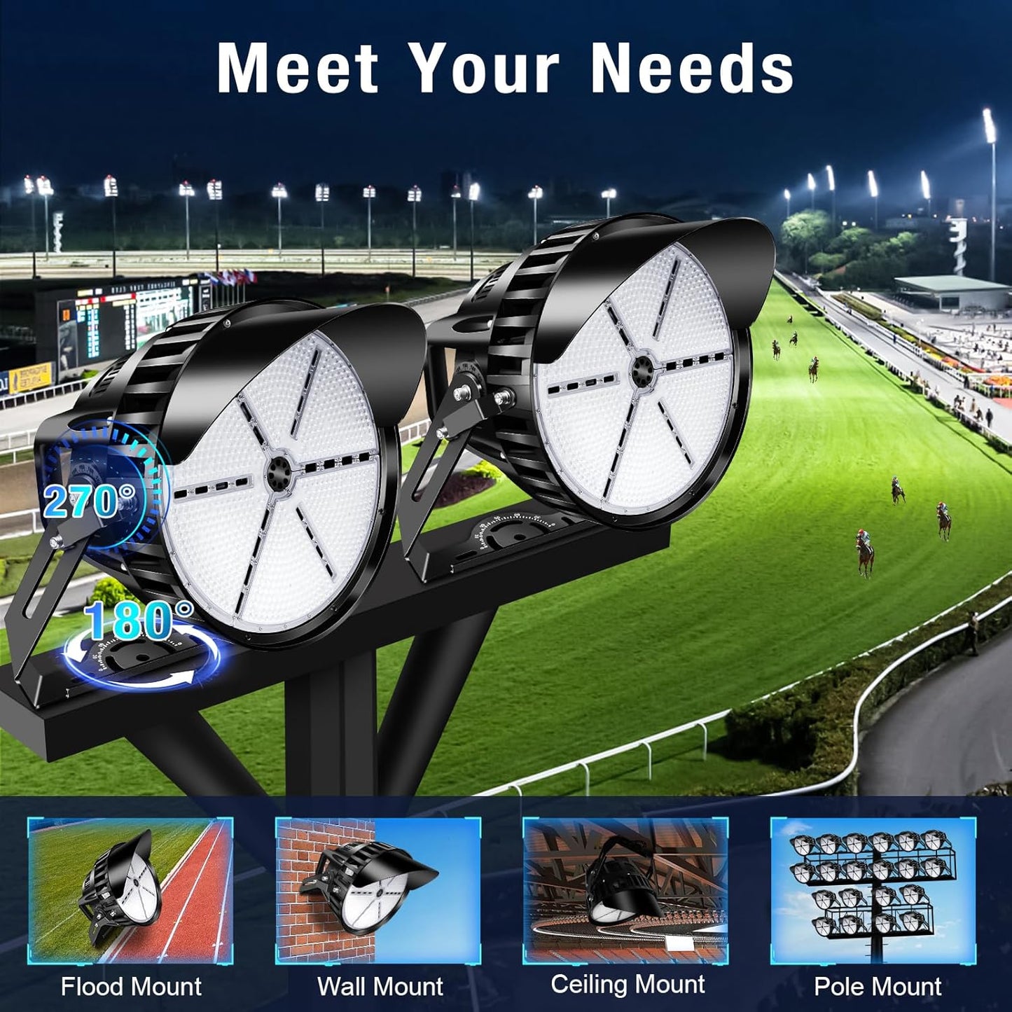 750W LED Stadium Lights, Heavy-Duty High Mast Sport Court Light Outdoor IP66 10KV Surge Large Arena Industry and Commercial Lighting with 40 Degree for Airport Area Parking Lot