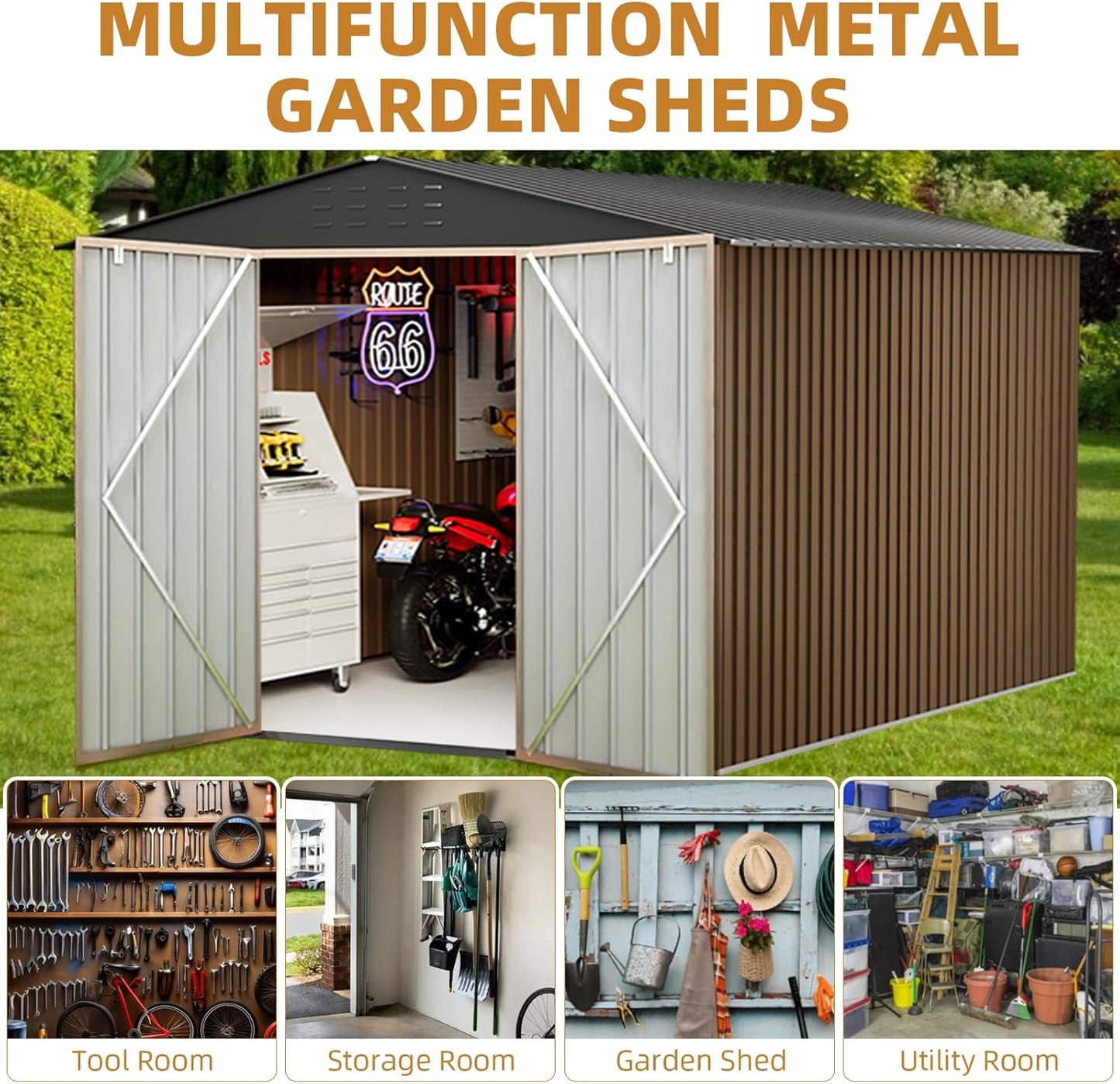 Outdoor Storage Shed,8x12 FT Metal Garden Shed with Lockable Doors & Slooping Roof,Updated Reinforced Door,Tool/Bike Sheds for Backyard, Patio, Poolside,Garage