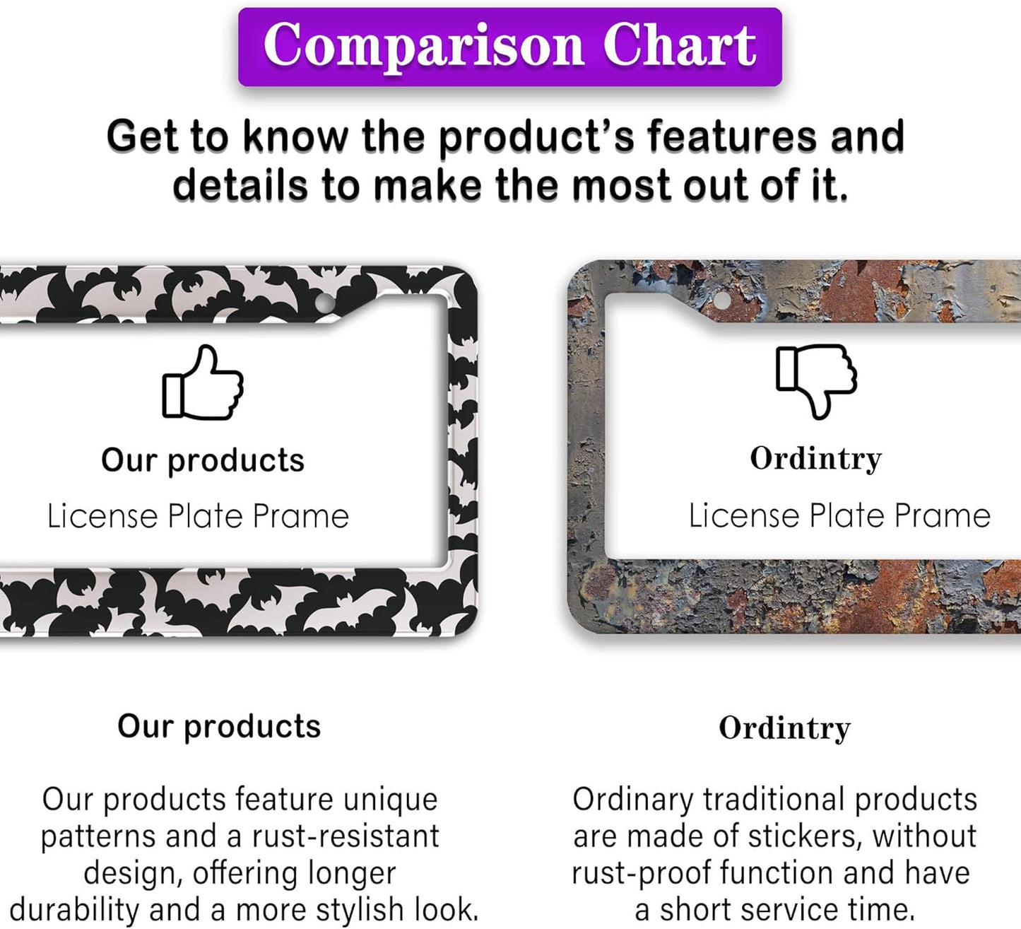 License Plate Cover for Women Black and White License Plate Frames for Men Dense Bats Aluminum Metal Car Accessory 2 Pack with Screw Covers Set