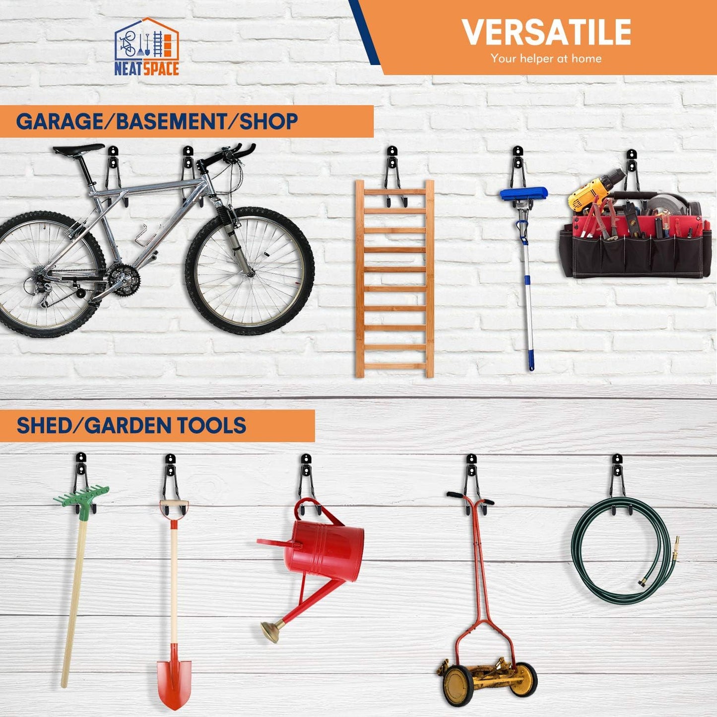 Garage Hooks Heavy Duty - 11 Inch Large Wall Mount Storage Hanger, 4 Pack Long Hook Garage Organizer for Hanging Tool, Chairs, Hoses, Ladder, Bulk Items, Ropes, etc.