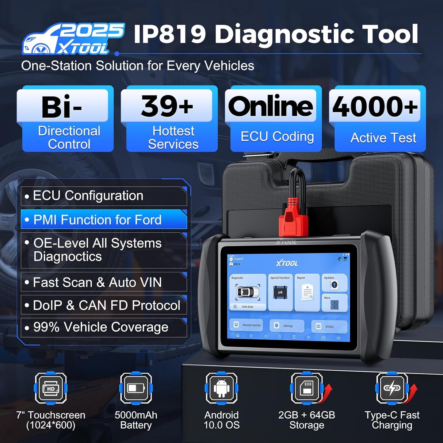 XTOOL IP819 V2.0 Bidirectional Scan Tool, 2025 Upgraded OBD2 Scanner with Active Test, PMI Function, 39+ Resets, ECU Coding, FCA AutoAuth, All Systems Scanner for Cars, 3-Year Update