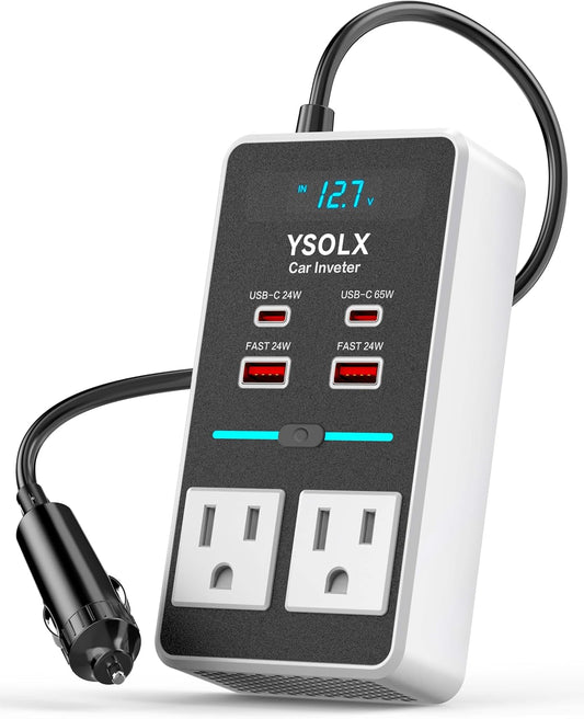 YSOLX 300W 12V to 110V Car Power Inverter, with Dual USB-A 24W and USB-C 65W, Dual AC Car Plug Adapter Outlet and Equipped with a Display Screen.Suitable for car Trips, Camping,Charging laptops