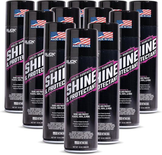 Slick Products Shine & Protectant, Long-Lasting High-Gloss Clear Coat Spray, Renew, Shine, and Protect Plastic, Vinyl, Rubber, Trim, and More (12-Pack)