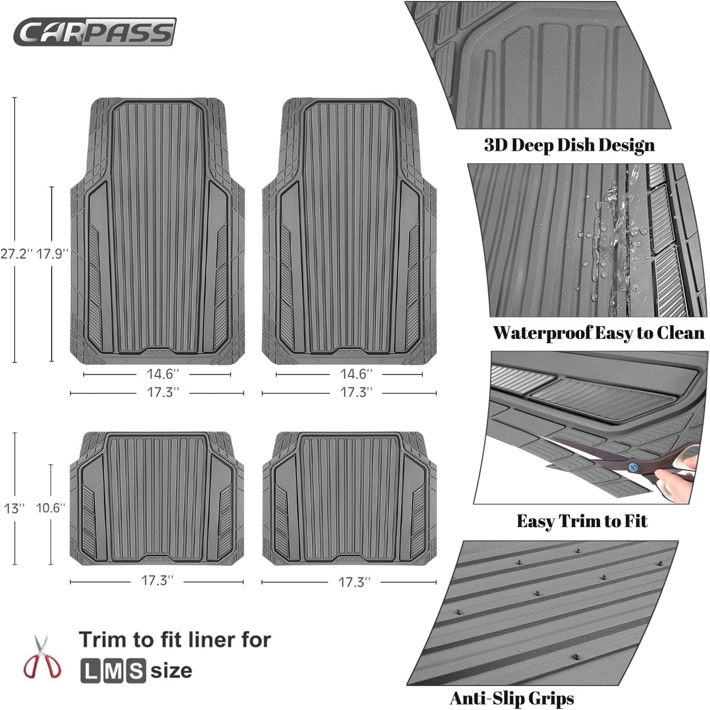 CAR PASS Heavy Duty Sporty Rubber Car Mats, Deep Dish All Weather Car Floor Mats Full Set, Waterproof Anti-Slip Automotive Matts Rugs Trim to Fit for Most Sedans SUVs Vans, 4-Piece All Gray