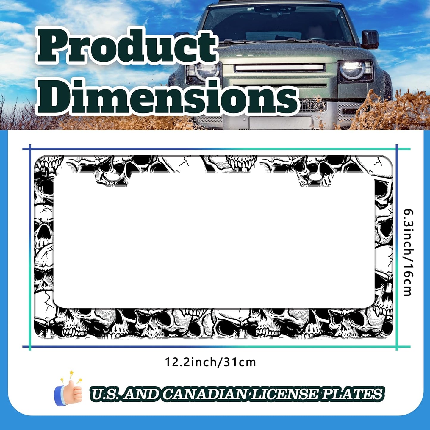 Skull License Plate Frame Black White Skeleton Stainless Steel License Plate Holder for Front or Rear Car Tags Funny for Car Decoration Accessories with Screws 6.3 X 12.2 in for Women Men