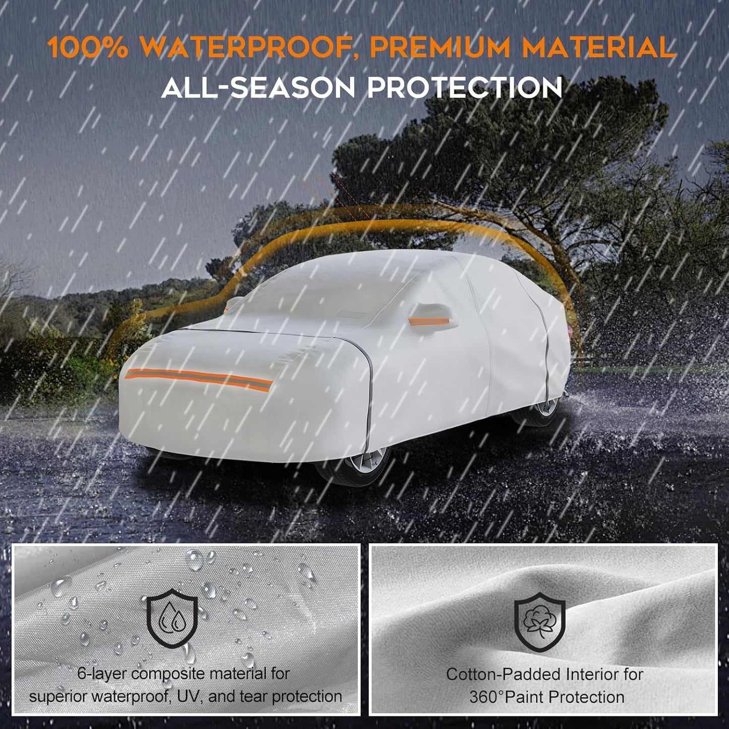 Waterproof Hatchback Car Cover: 6-Layer Protection from Rain, Snow, UV & Dust - Universal Fit up to 177 inches with Zipper Door & Windproof Straps for Outdoor, Garage, Travel Use,Silver