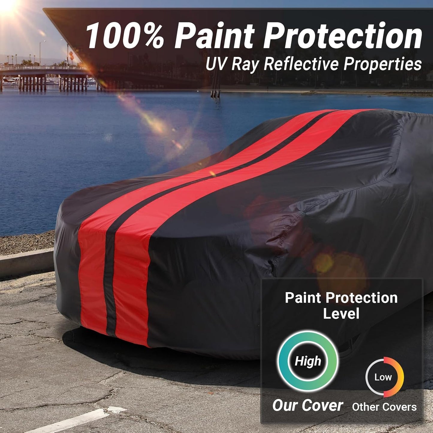 iCarCover Custom Car Cover for Pontiac Executive (1967-1970) Waterproof All-Weather Rain Snow UV Sun Protector Full Exterior Indoor Outdoor Car Cover (Stripe - Black/Red)