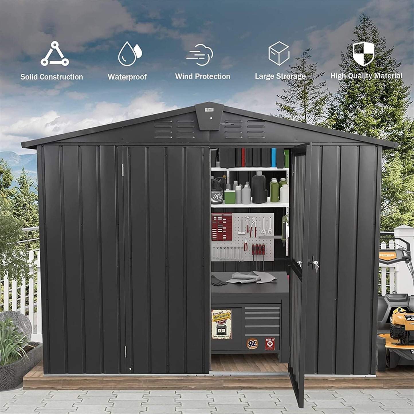 IKERY Galvanized Steel Storage Shed - 8.2' x 6.2' with Lockable Door, Large Metal Garden Shed for Bikes, Trash Cans and Outdoor Storage, Suitable for Backyard and Patio, Dark Gray