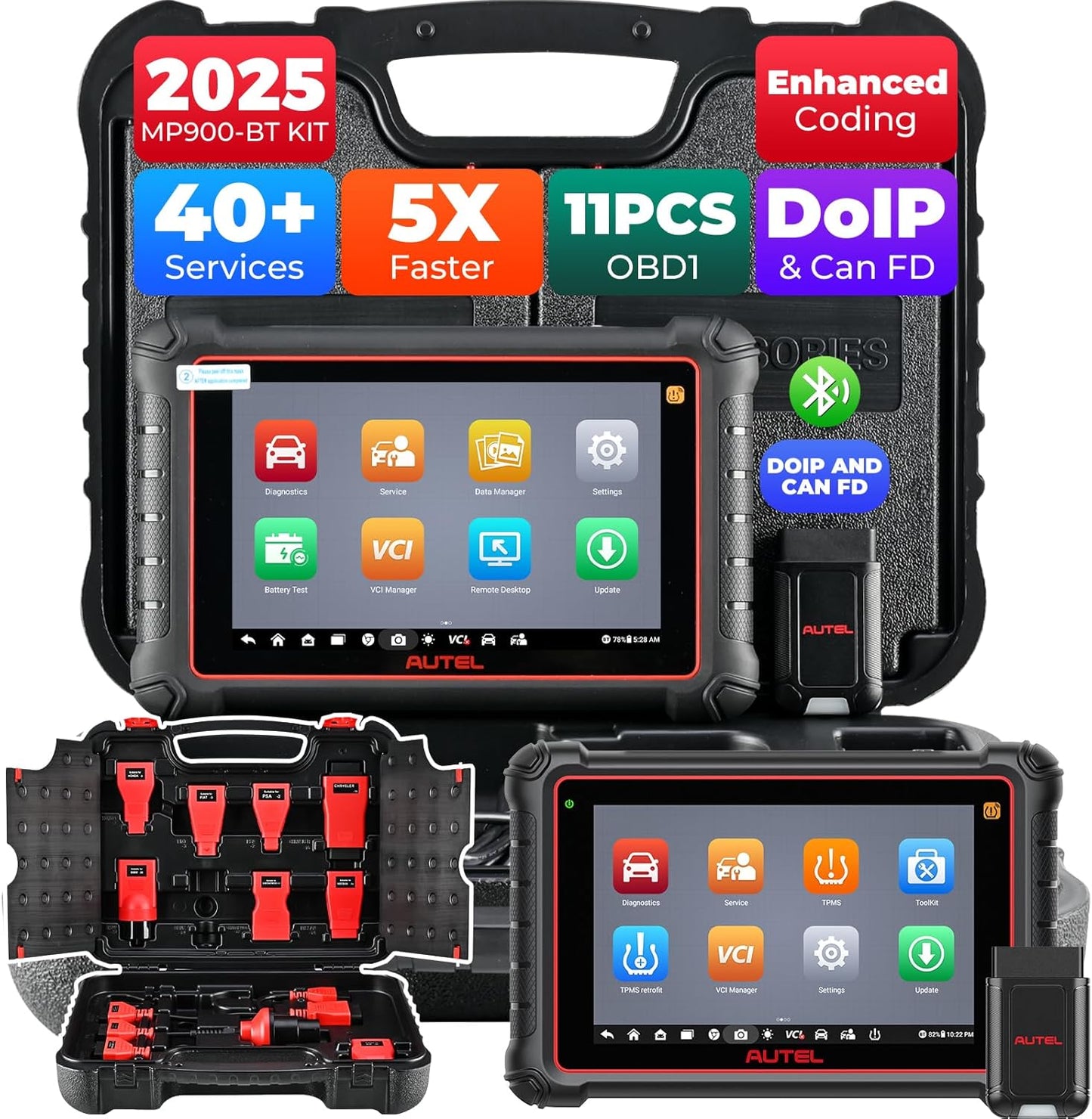 Autel MaxiPRO MP900-BT KIT Scanner: 2025 Level-up of MP900Z-BT, MP808BT Pro, MP808BT KIT with DoIP CAN-FD, 40+ Services, OE ECU Coding, 11 PCS OBD1 Cables, Bi-Directional, 150+ Makes, FCA Renault SGW