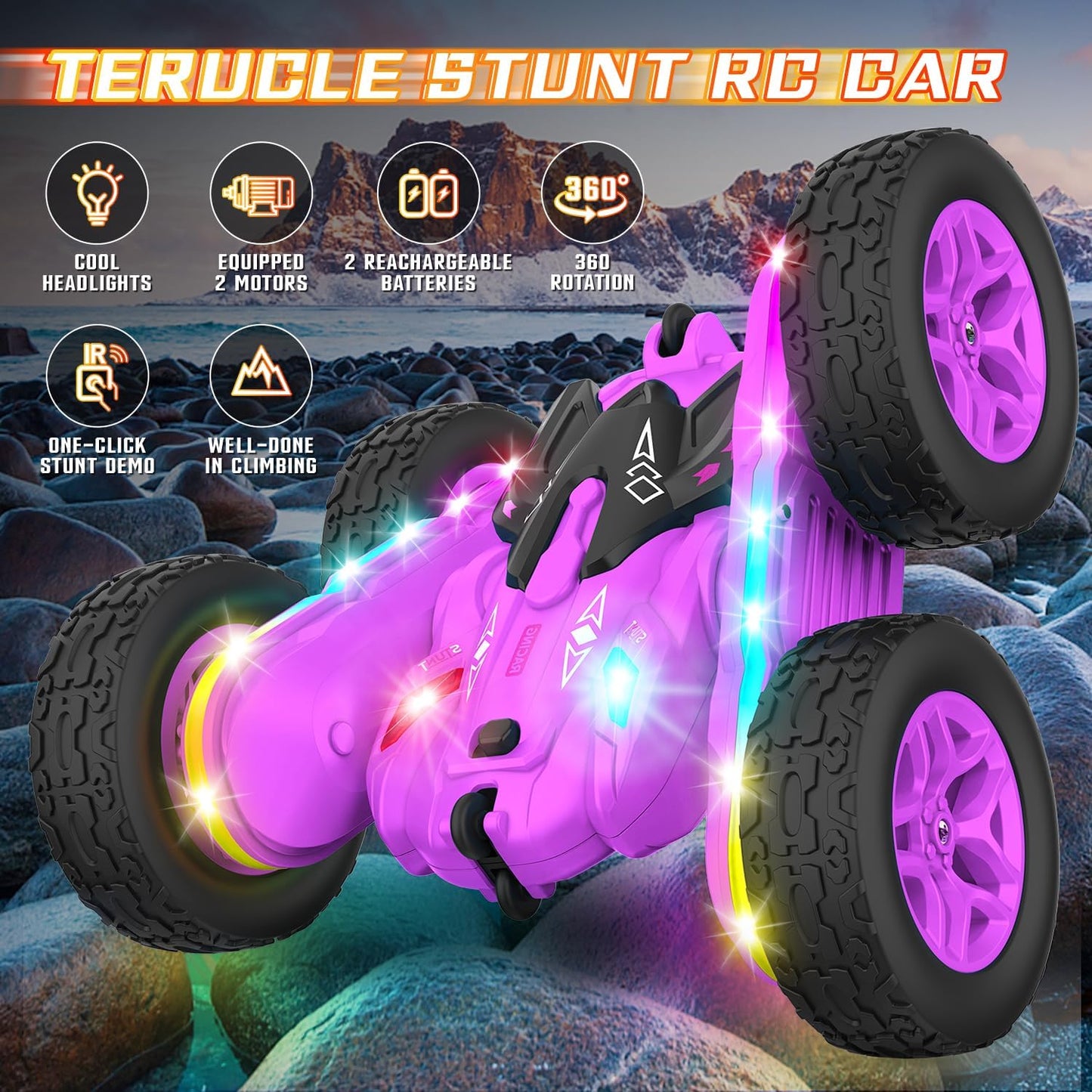 Remote Control Car, Rc Cars Stunt RC Car Toys New Upgraded Strip Lights and Headlights Girl Toys Double-Sided 360° Rotating 4WD Drift Truck for Boys Girls Birthday Gift (Purple)