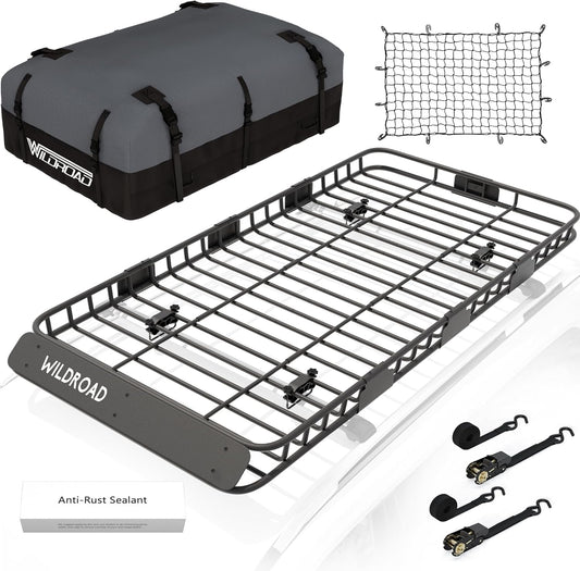 WILDROAD Car Roof Cargo Carrier Combo of Upgraded 84"x 39"x 4" Roof Rack Cargo Basket with 21 Cubic ft Cargo Carrier Bag, Super Duty Bungee Cargo Net and Ratchet Straps Fits for SUV Truck Cars