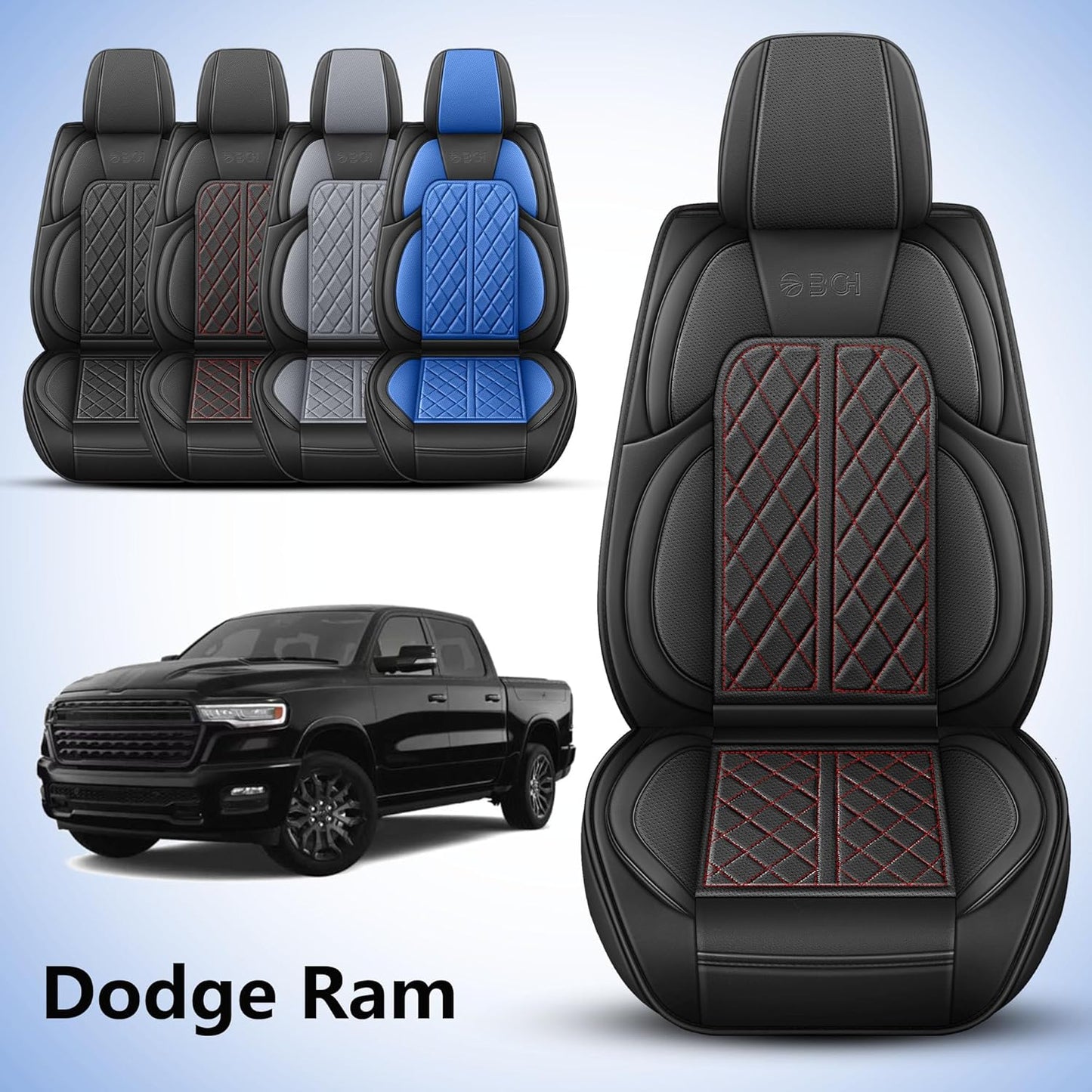 Car Seat Cover Custom Fit for Dodge Ram 1500 2500 3500 2002-2024 Faux Leather Seat Cover Set Compatible with Crew Quad Regular Cab Pickup Truck Cushions (Black Redline, Full Set, Flat Rear)
