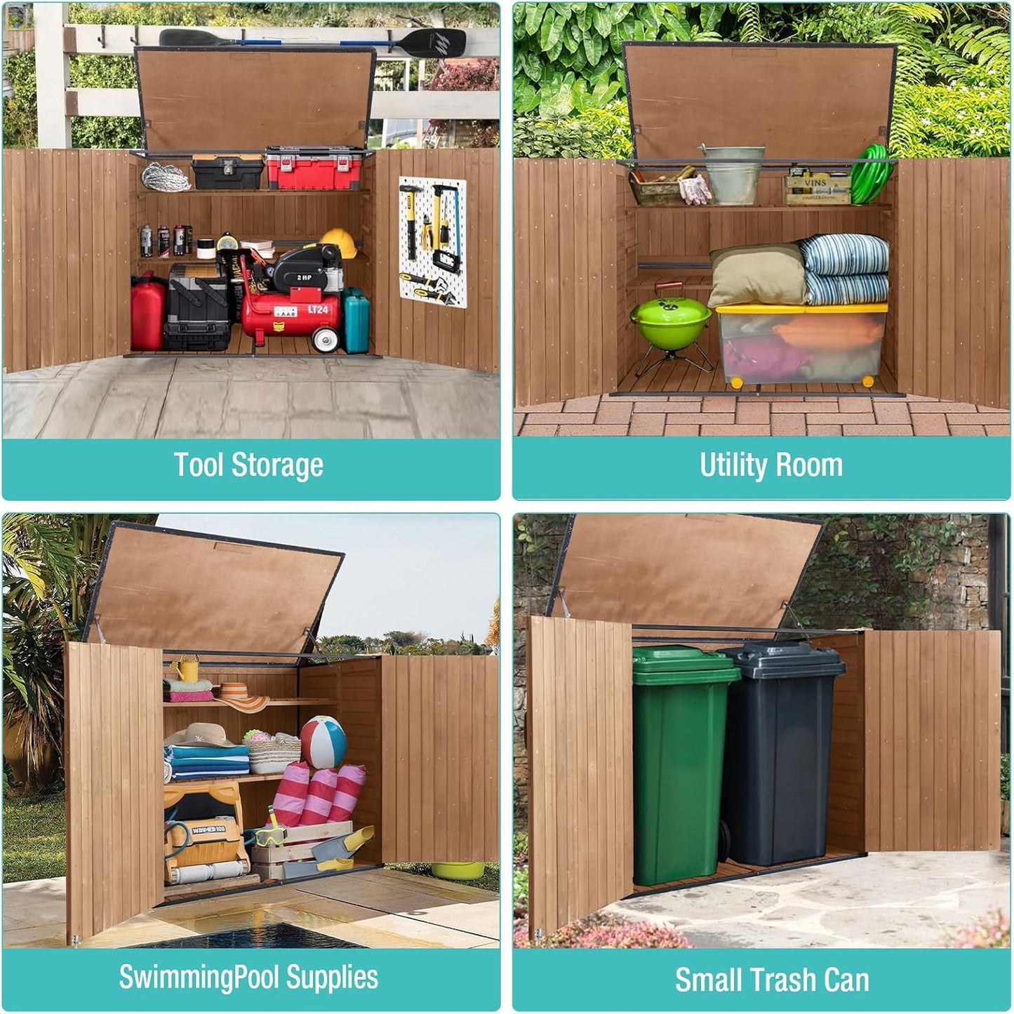 Outdoor Storage Cabinet,Wooden Garden Shed with Metal Frame Structure and Adjustable Shelf,33.3 Cu Ft Horizontal Waterproof Patio Tools Storage Box for Sofa Cushion, Lawn Mower and Garbage Cans