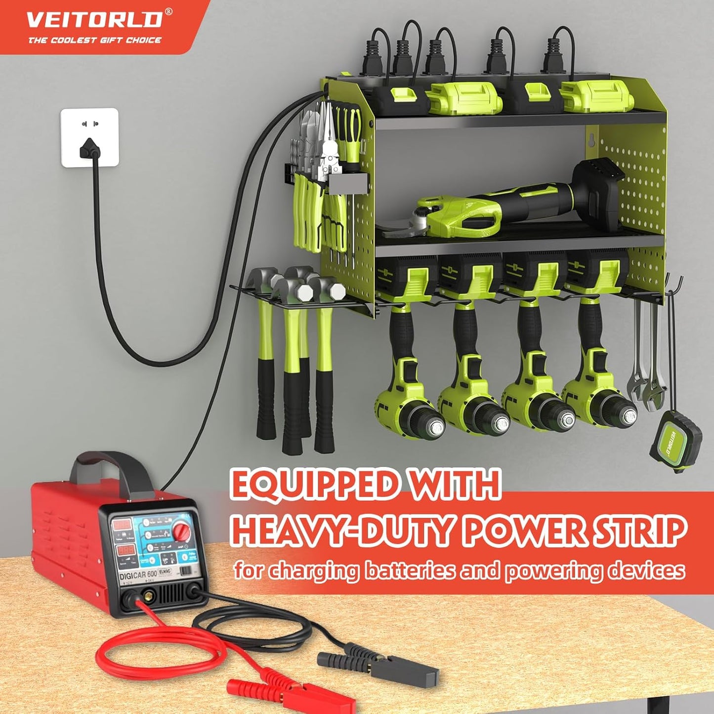 Veitorld Power Tool Organizer with Charging Station, Heavy Duty Modular Wall Mount Rack for Garage - 4 Drill Holders, Tool Storage Organizer, Christmas Birthday Gifts for Men Him Dad Husband