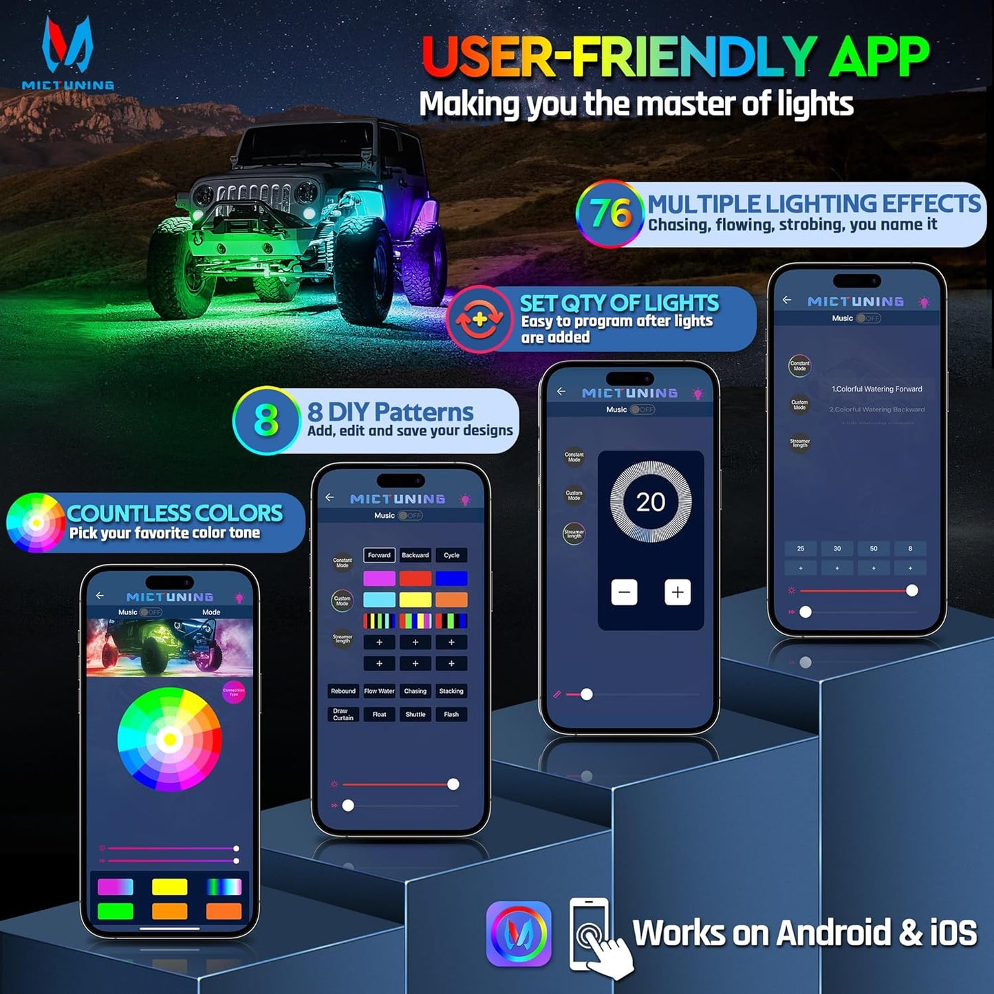 MICTUNING C2 Max RGB+IC Chasing Color LED Rock Lights - 8 Pods Underglow Lighting Kit, Dynamic Lighting Modes, Extensible Up to 24 Pods with Stable APP Control, IP68 Waterproof, DIY Effect