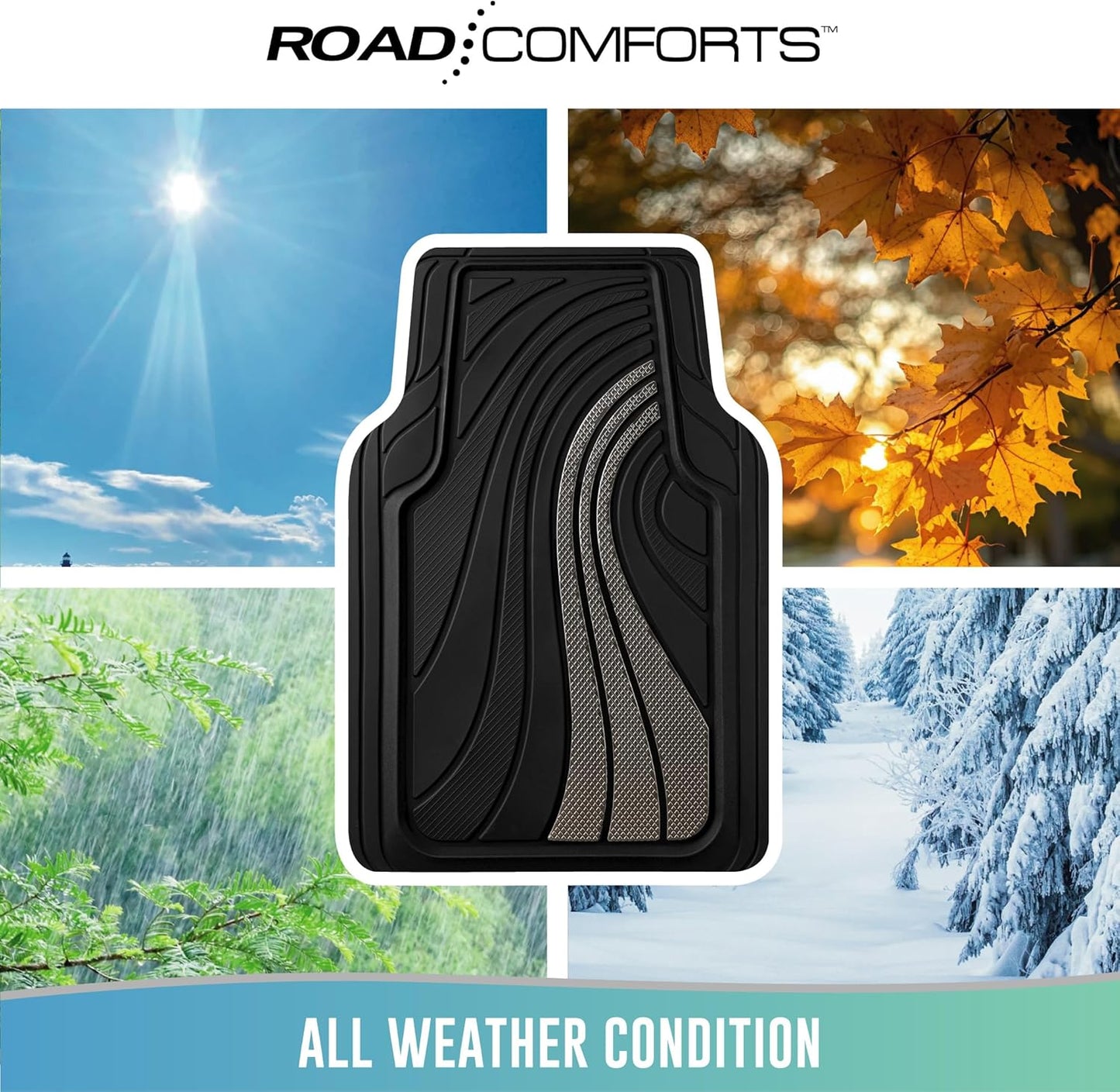 Road Comforts Car Floor Mats Full Set – Front & Rear Car Floor Mats with Aluminum Design, Anti-Slip Backing, All-Weather Protection, Trim-to-Fit Car Mats for Most Sedans, SUVs & Vans - Light Grey