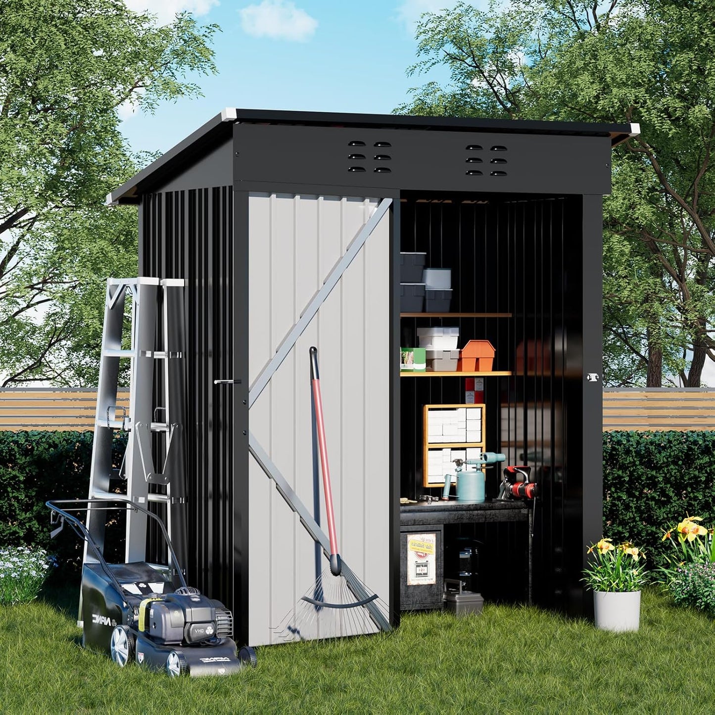 COMHOMA Shed Outdoor Storage Shed Metal,Lockable Doors Tool Sheds with Sloping Roof,Steel Garden Shed with Air Vent for Backyard,Patio,Lawn,Poolside (Grey, 5'*3')