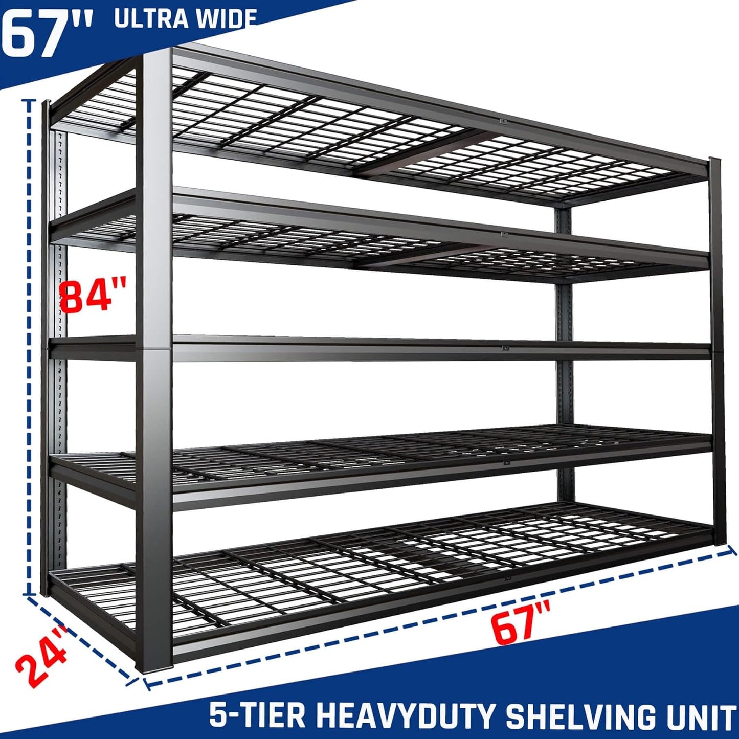67" W Garage Shelving Heavy Duty, 67" W x 24" D x 84" H, Adjustable 5 Tier Metal Shelves, Commercial Metal Shelf Rack, Industrial Shelving, 2 Pack