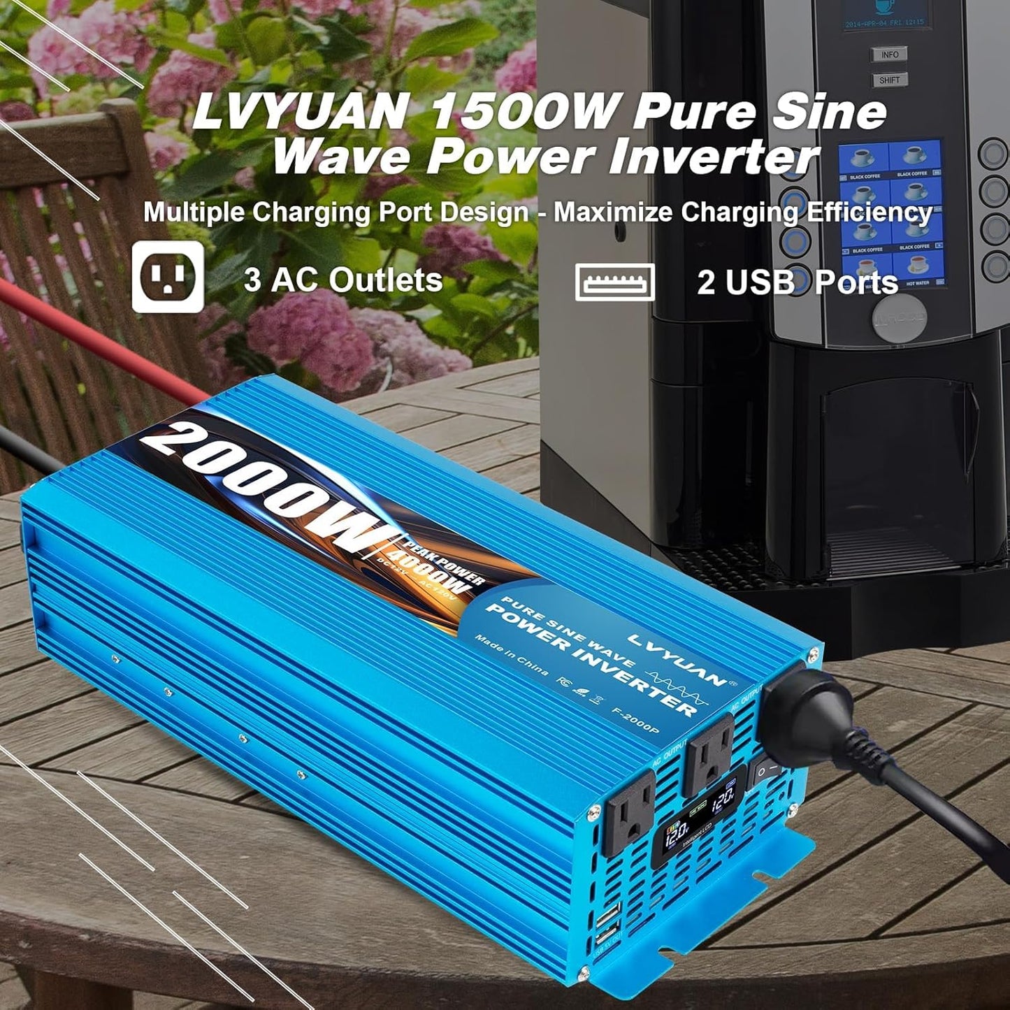 LVYUAN 2000 Watt Pure Sine Wave Inverter 12V to 110V 120V DC to AC with LCD Display, 3 U.S. Outlet, USB Charger Ports, Car Power Inverter for Vehicles, RV, Outdoor, Home