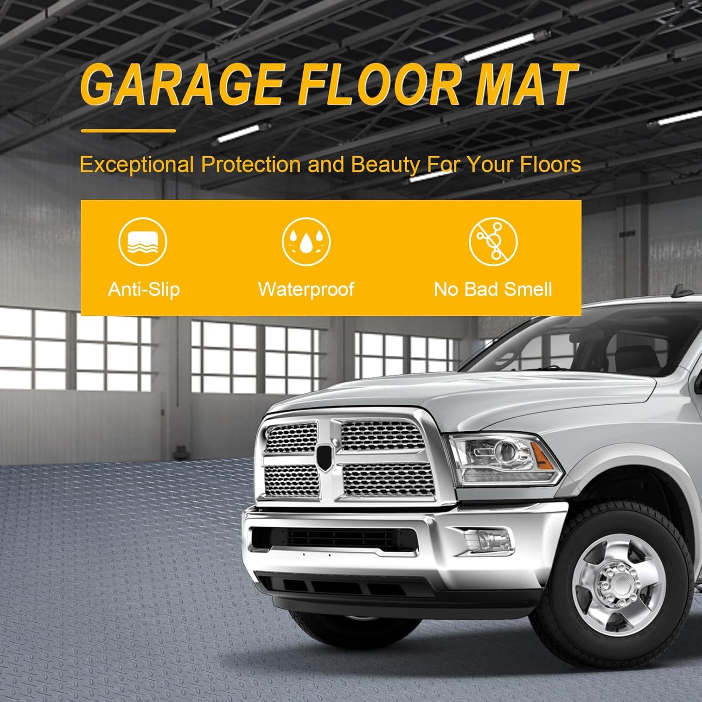 7.5x25 FT Garage Floor Mat, Updated 2.8mm Thicked Flooring Roll with 20Pcs Tapes, 188 sqft Diamond Plate PVC Rubber Trailer Mat, Non-Slip Floor Protector Mat for Garage Warehouse Gyms (Matte Grey)