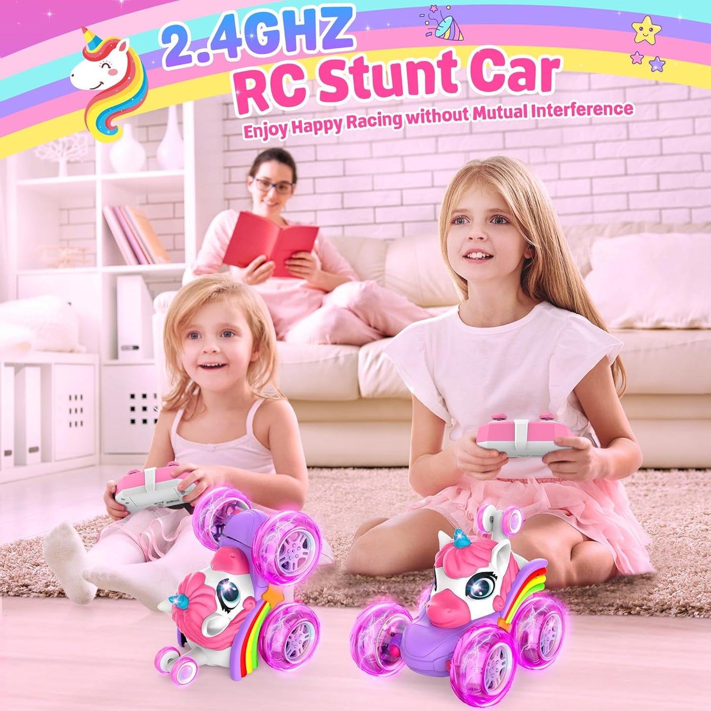 ZIZZ RC Cars for Girl Age 4-8 - Pink Remote Control Car for Girls, RC Stunt Car 360° Rotating Crawler with Headlights Cars Toys for 4 5 6 7 8+ Year Old Girl-Birthday