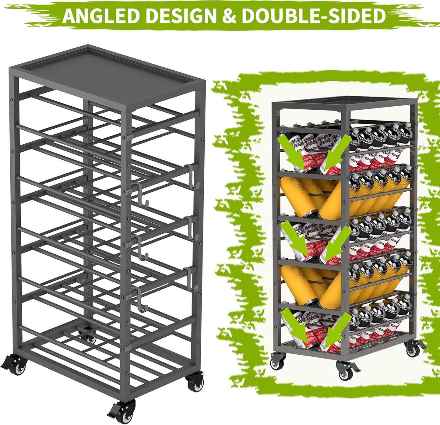 50 Spray Paint Storage Holder, Rolling Spray Can Storage Rack, Heavy Duty Paint Aerosol Can Organizer, Lube Can Holder Cart, Lube Bottle Organizer Rack for Garage,Shop, Craft Workroom