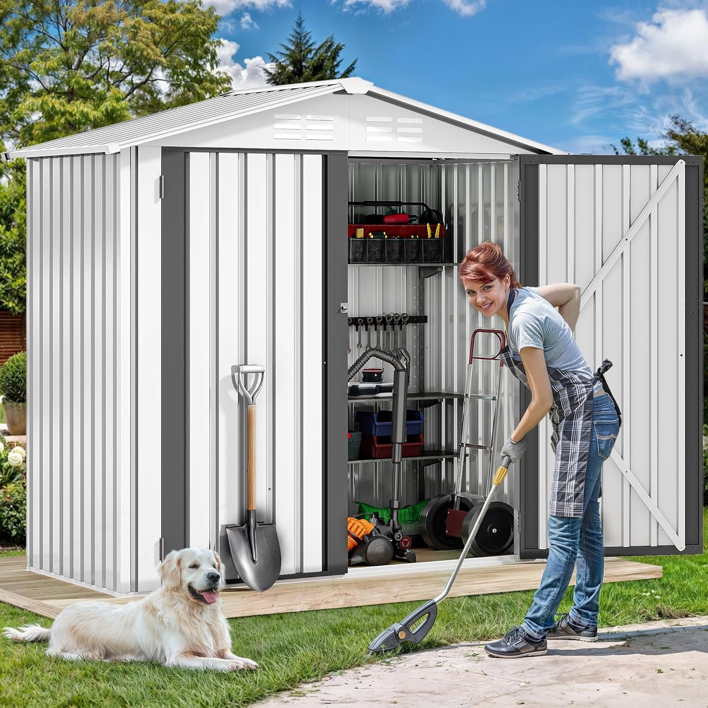 DWVO 6x4ft Metal Outdoor Storage Shed, Waterproof Tool Shed Heavy-Duty Storage Unit with Lockable Door and Vents, Ideal for Bicycles, Tools, Lawnmowers, Backyards, Patios, Lawns - White