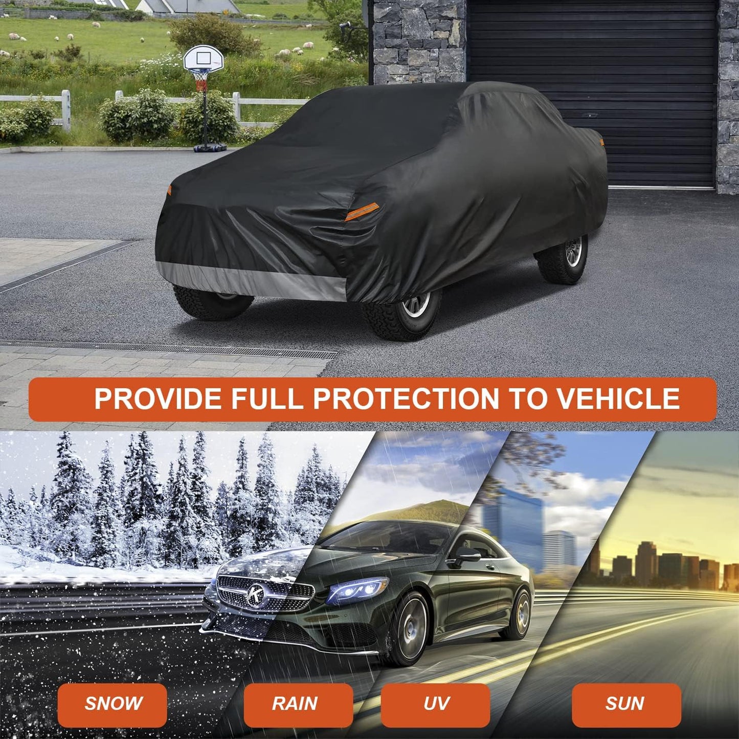 Kayme 7 Layers Truck Cover Waterproof All Weather, Heavy Duty Outdoor Pickup Cover Sun Uv Rain Protection, Universal Fit (Length Up to 228 inch) L/Black