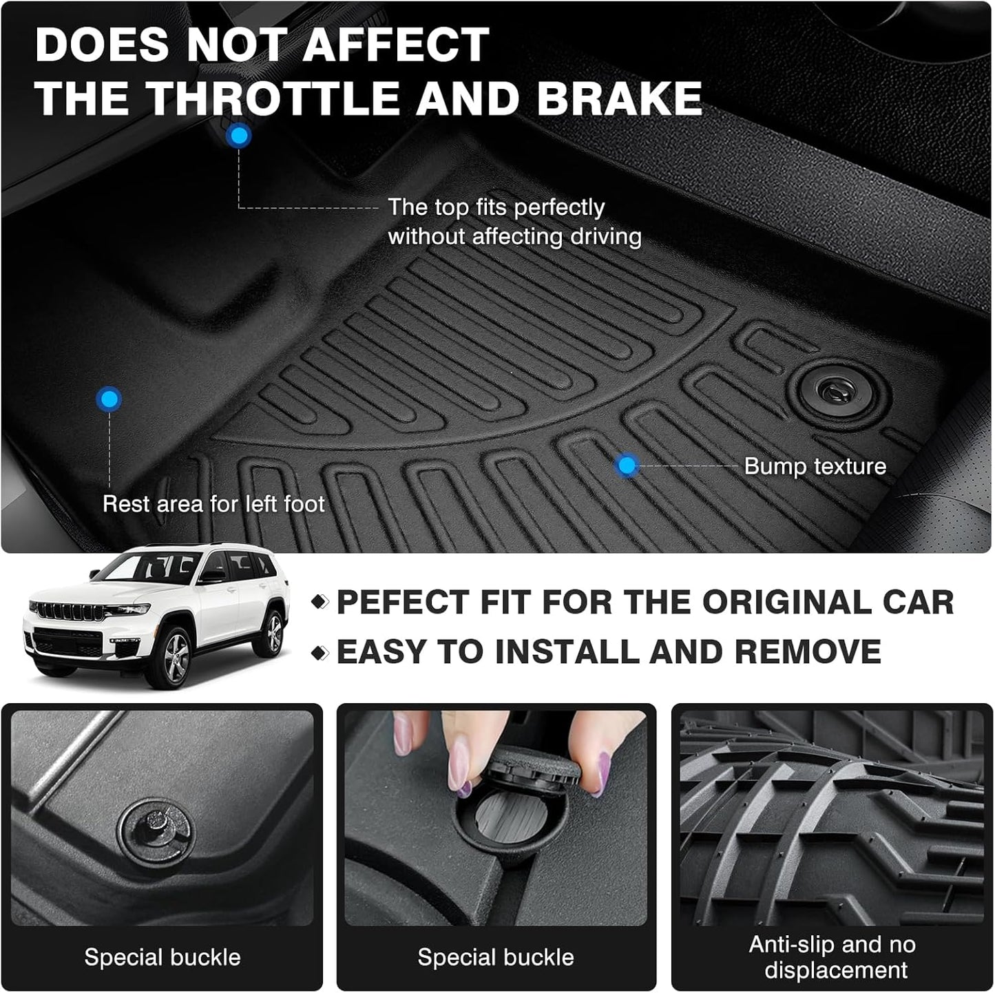 Powerty Floor Mats for 2021-2025 Jeep Grand Cherokee L 6 Seats Accessories All Weather Floor Liner 3D TPE 3rd Row Floor Mat Heavy-Duty Floor Liners
