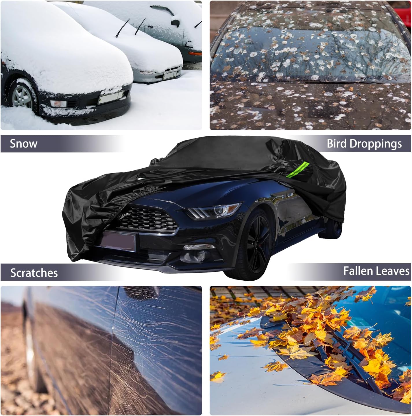 Car Cover Custom Fit for Ford Mustang 2005-2025, Waterproof All Weather GT Cover Outdoor Dustproof Shelby Coupe Cover with Door Zipper Black