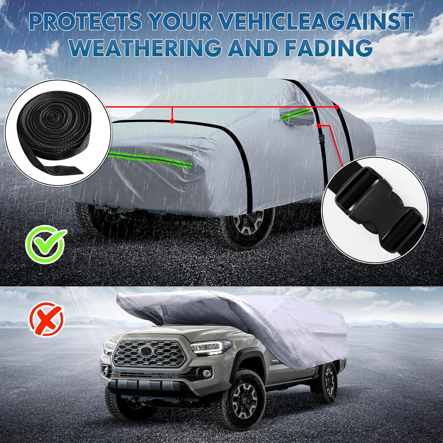 KEYOOG 6-Layer Full Car Cover is All-Weather Waterproof, Universal in All Seasons, Snow Prevention, Rainproof, Acid Rainproof, Sunscreen, Ultraviolet-Proof, Fit SUV 214"-236" Green Reflective Strip
