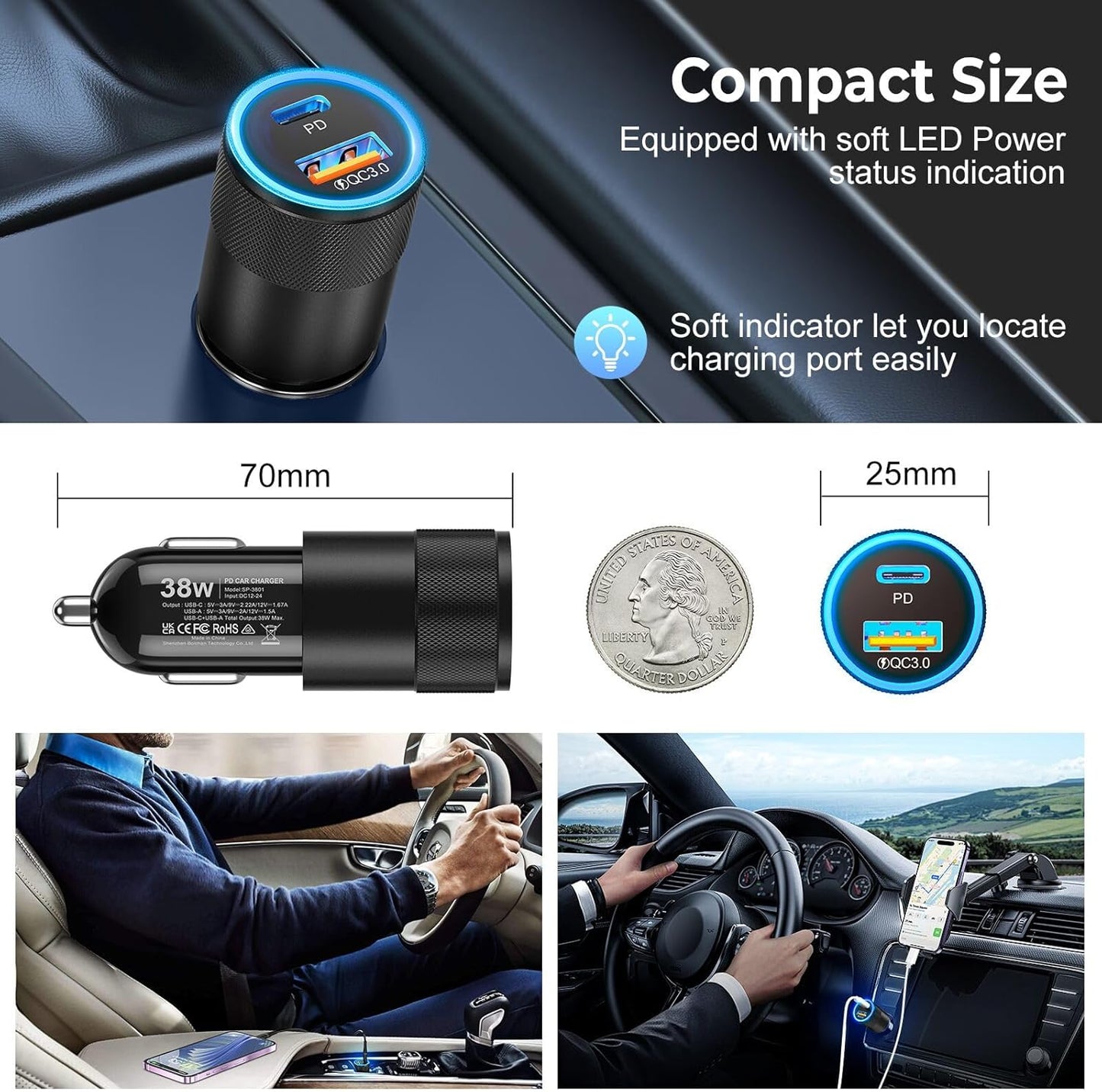 6 Pack USB C Car Charger, Ancekoy 38W Dual USB-C + USB-A Car Charger Adapter Fast Charge PD/QC 3.0 Cigarette Lighter Adapter USB Charger Plug for iPhone 16/15/14/13/12/11/Pro Max, iPad, Samsung,Pixel