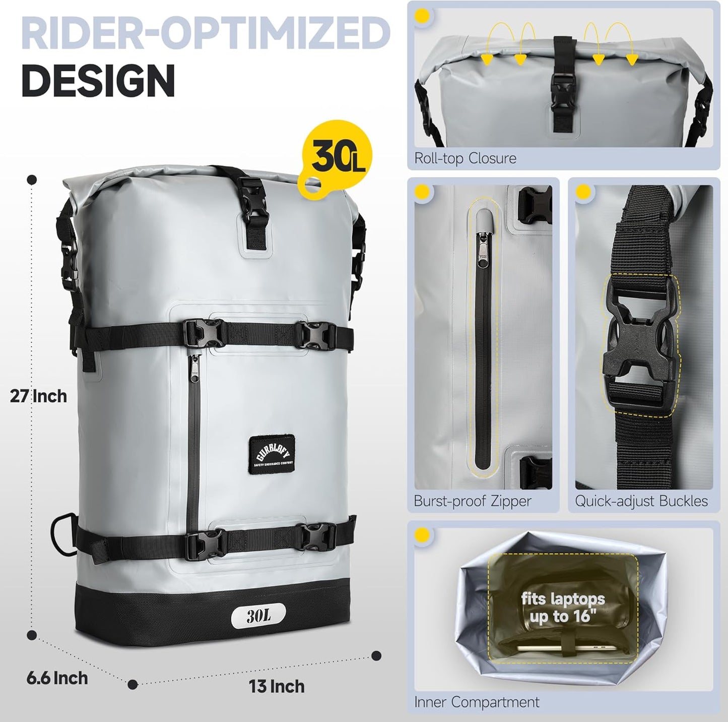 Motorcycle Tail Bag, 30L Waterproof Motorcycle Saddle Bag, 2 Size and 3 Color Options Luggage Bag, PVC Travel Bag, Rear Seat Bag, Stone Grey GT-30GRY