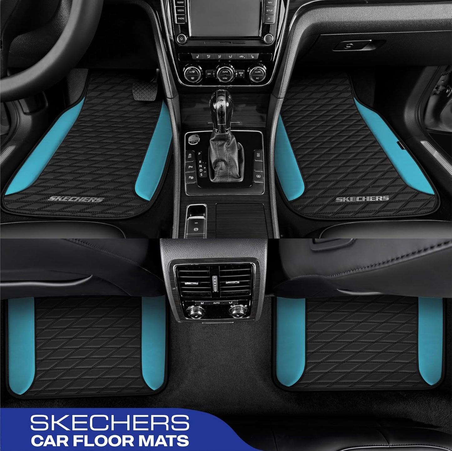Skechers Leather Car Floor Mats with Anti-Slip Pad, Universal Waterproof Fit Automotive Floor Mats for SUV, Vans, Sedans, Trucks - Full Set 4pcs Blue