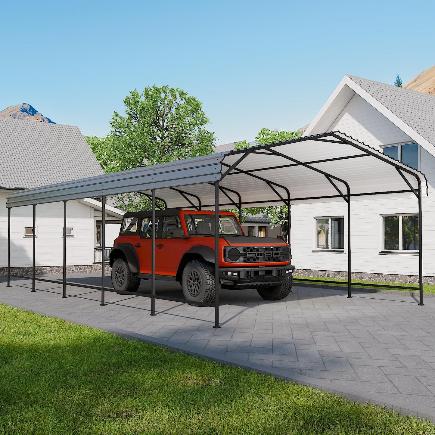 EBE 13' x 25' Metal Carport, Outdoor Steel Carport Canopy with Galvanized Steel Frame and Roof, Heavy Duty Garage Shelter Shade for Cars, Boats, and Truck