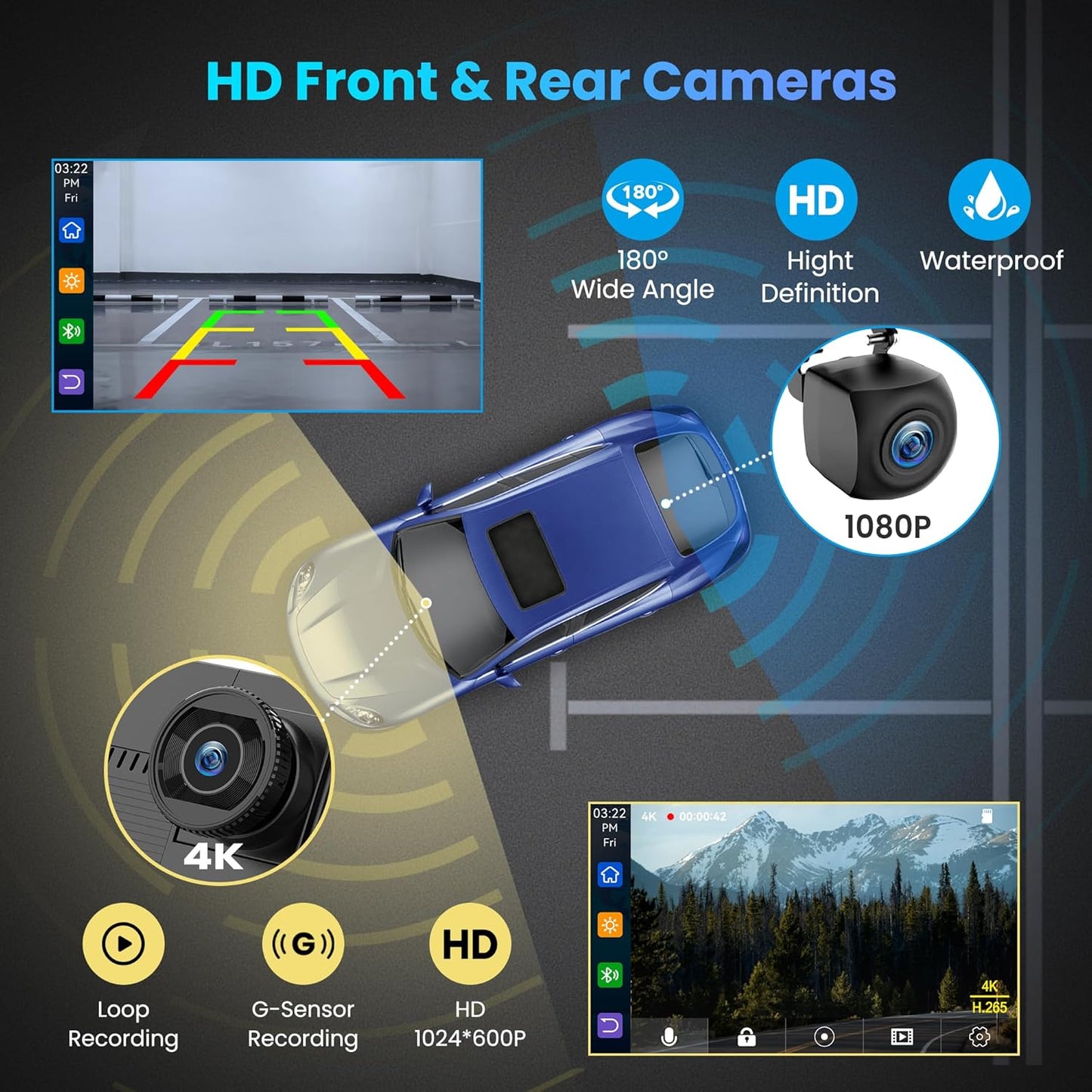 BIGASUO Apple Carplay & Android Auto Screen for Car 4K Dash Cam, 9" HD Touchscreen with 1080P Backup Camera, GPS Navigation/Mirror Link/Voice Control/Bluetooth Fits All Cars