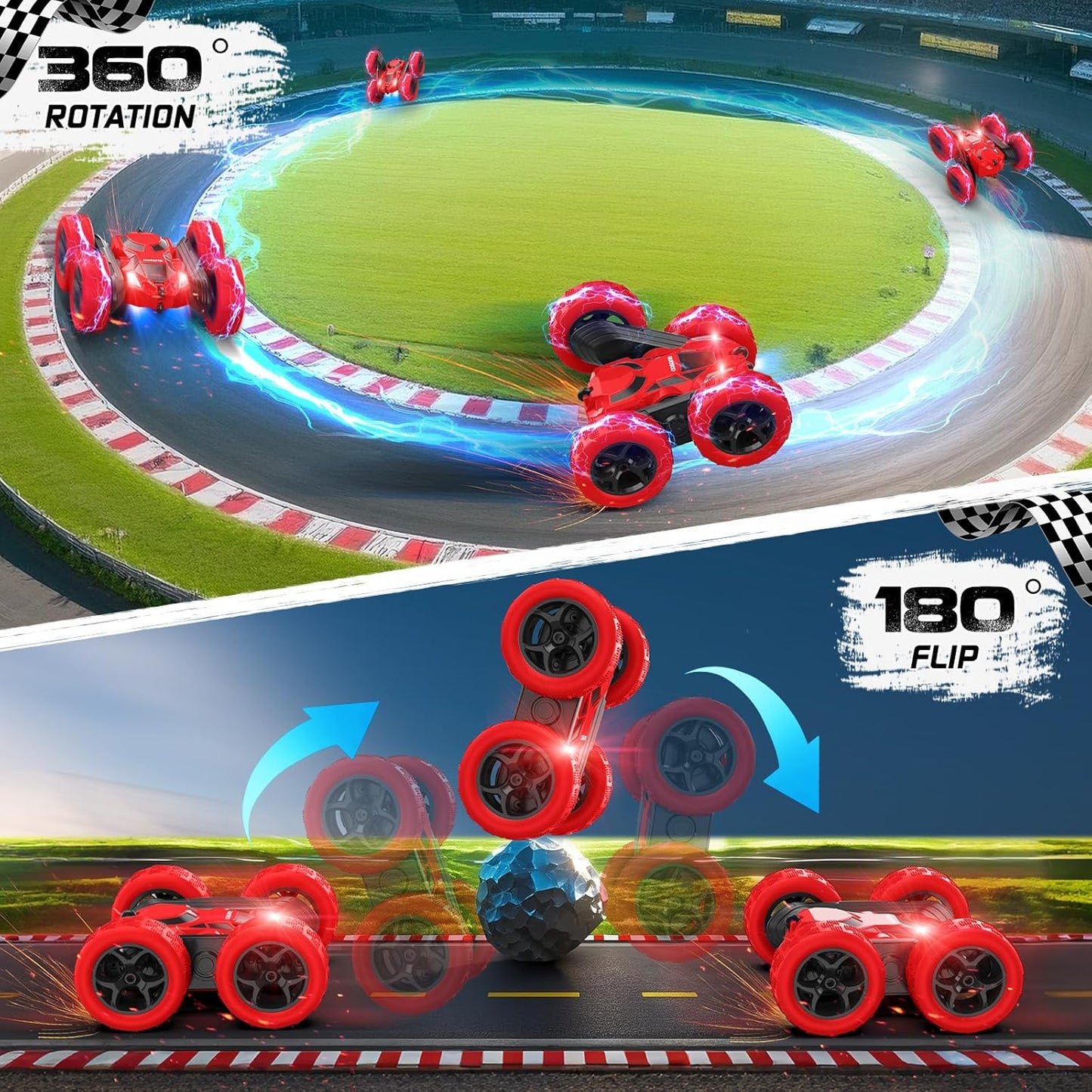 Remote Control Car for Boys - Car Toy for Kids Age 6 7 8 9, 4WD 2.4Ghz Double Sided 360° Rotating RC Cars with Headlights, Christmas Birthday for Boys and Girls - Red