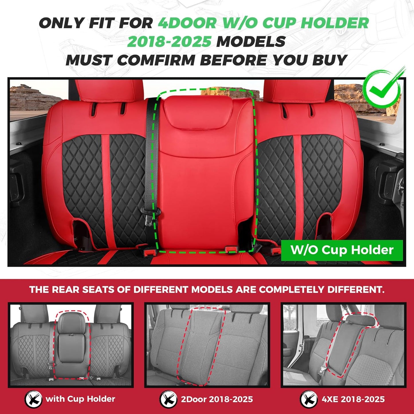 for Jeep Wrangler Seat Covers 4Door JL 2018 2019 2020 2021 2022 2023 2024 2025, Custom Fit Car Seat Cover Full Set, Luxury Waterproof Leather Seat Protectors, Red Black, W/O Rear Cup Holder