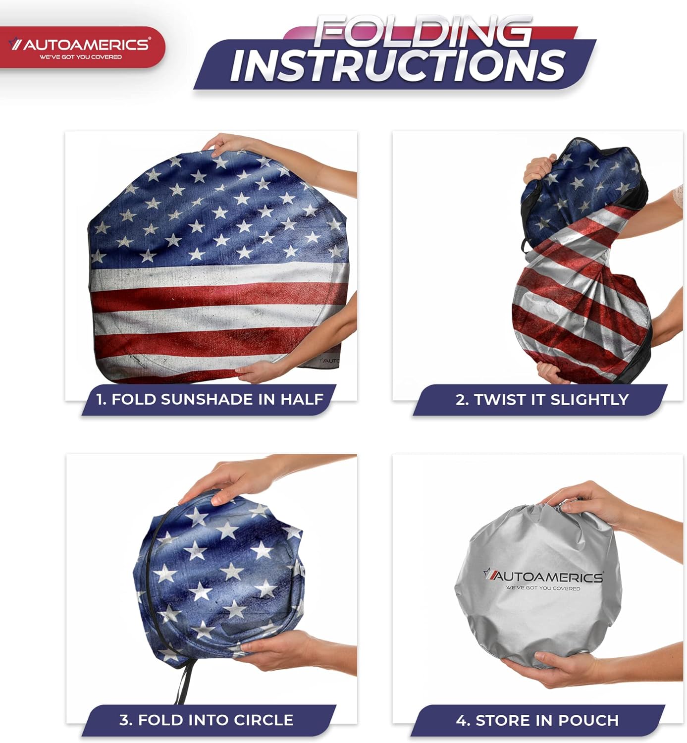 Autoamerics Truck Windshield Sun Shade with Storage Pouch & Anti-Slip Dash Pad - Foldable Grunge USA Flag-3 Design Cover - Fits Most SUVs & Trucks -Reflective 230T Material | X-Large (66 x 36 inches)