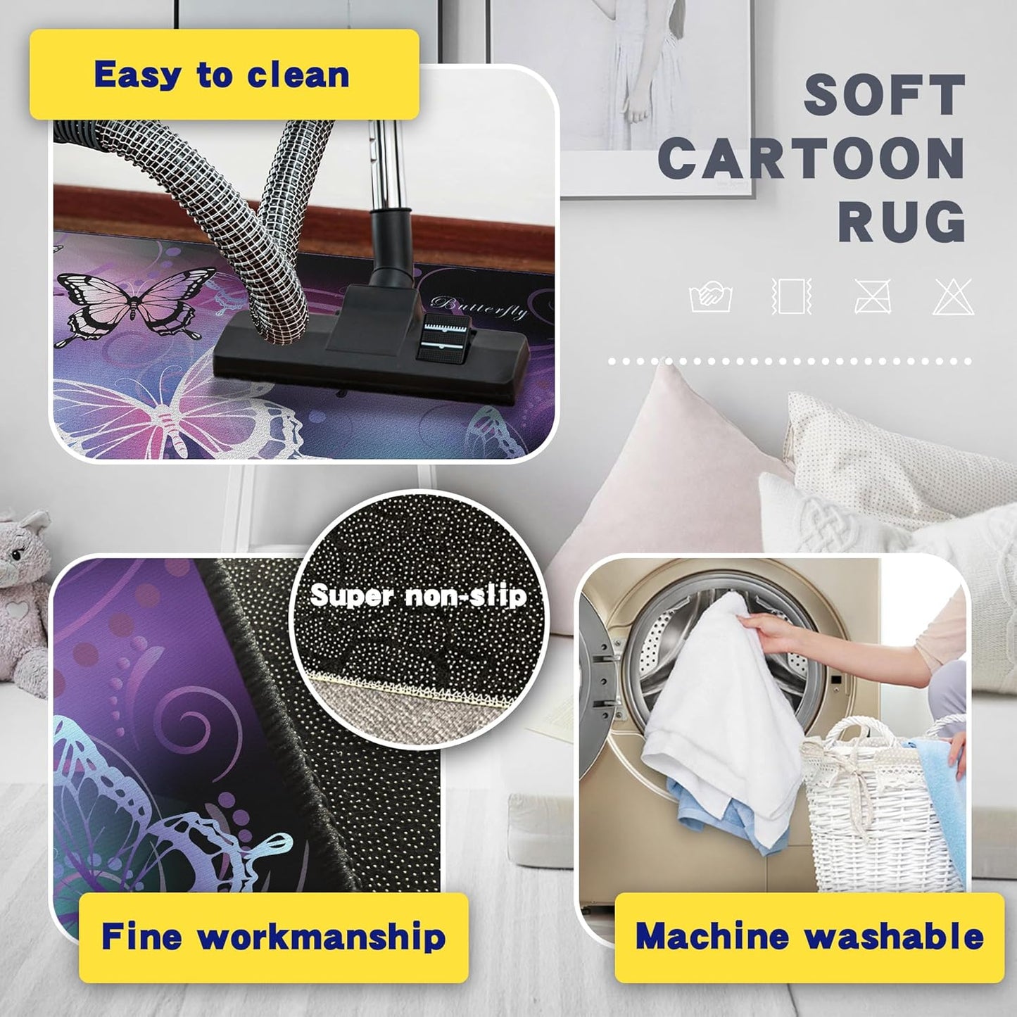 Beautiful Butterfly Fantasy Rug for Playroom Girls Bedroom Colorful Rainbow Butterfly Decor Area Carpet 59"x39" Purple Mat 3D Printed Non-Slip Washable