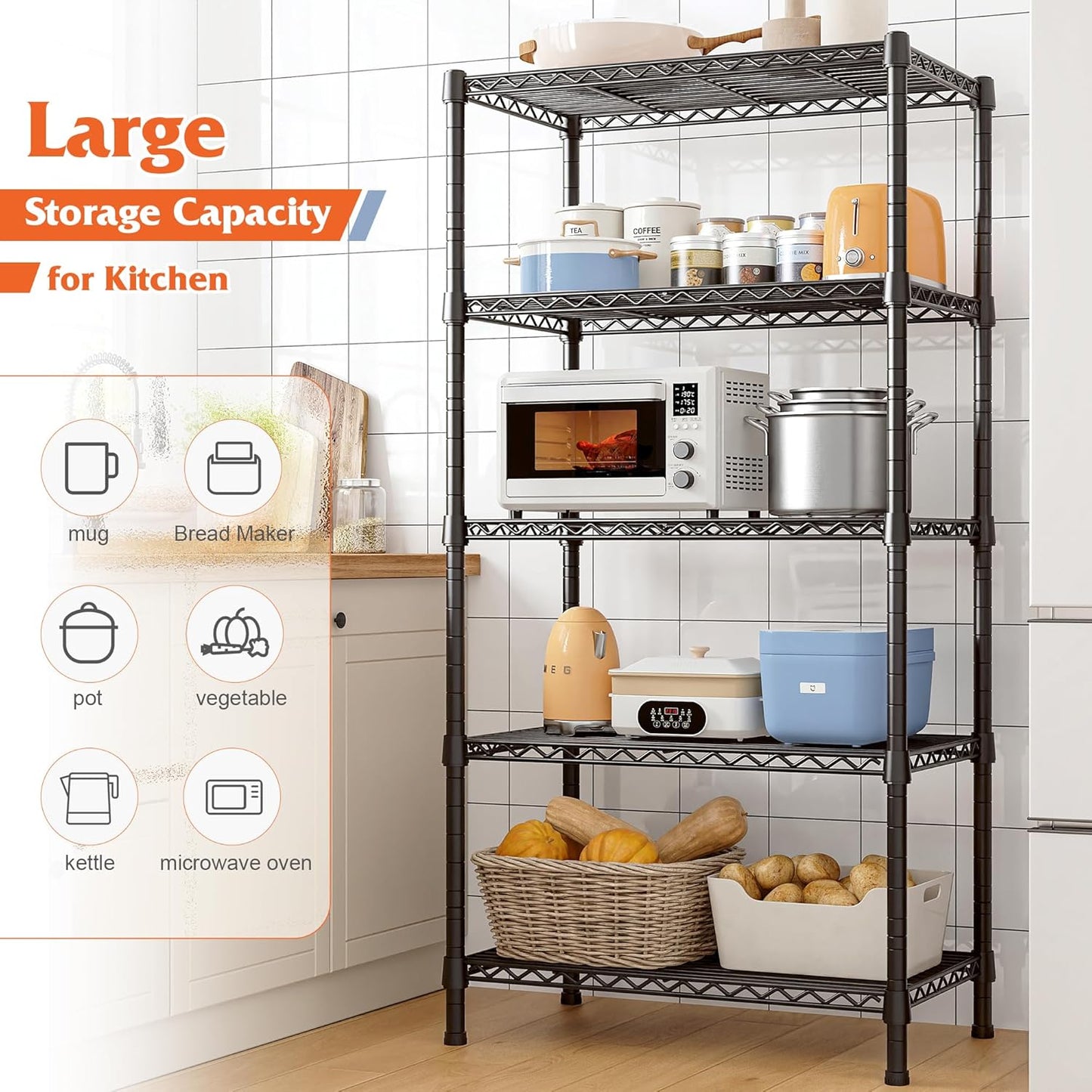 REIBII Wire Shelving Rack 5-Tier Metal Shelves for Storage Adjustable Garage Shelving Heavy Duty Storage Shelves for Storage Rack, 24" W X 14" D X 59" H