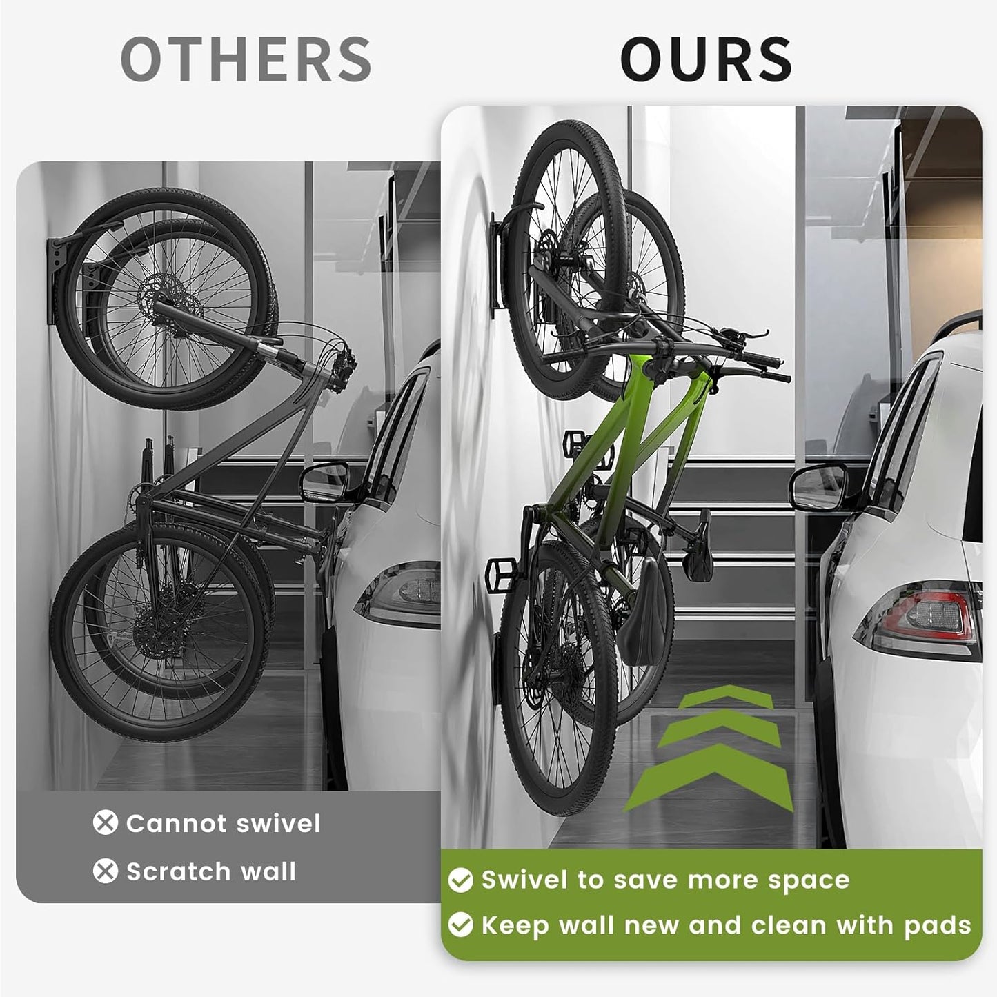 Swivel Bike Wall Mount [4 Pack], 150° Swivel Vertical Bike Rack Wall Hanger Holds up to 66lbs for Mountain/Road/Hybrid Bikes, Bike Hangers, Bicycle Storage Rack for Garage