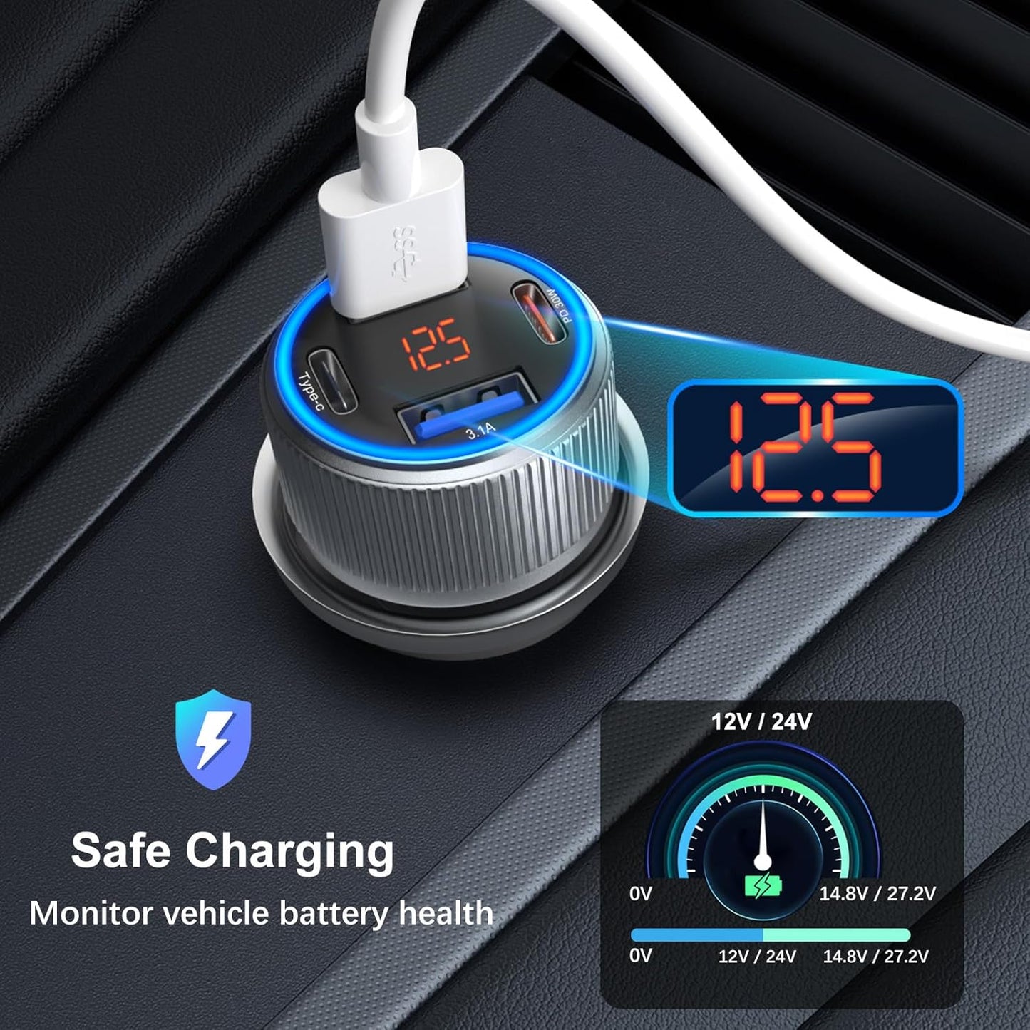 USB C Car Charger 5 Pack, 65W Dual 12V USB C & USB A Car Charger with Voltage Display Multi Port PD/QC 3.0 Fast Charge Cigarette Lighter Adapter for iPhone 16/15/14/13 Pro,Galaxy S25,Android(Grey)