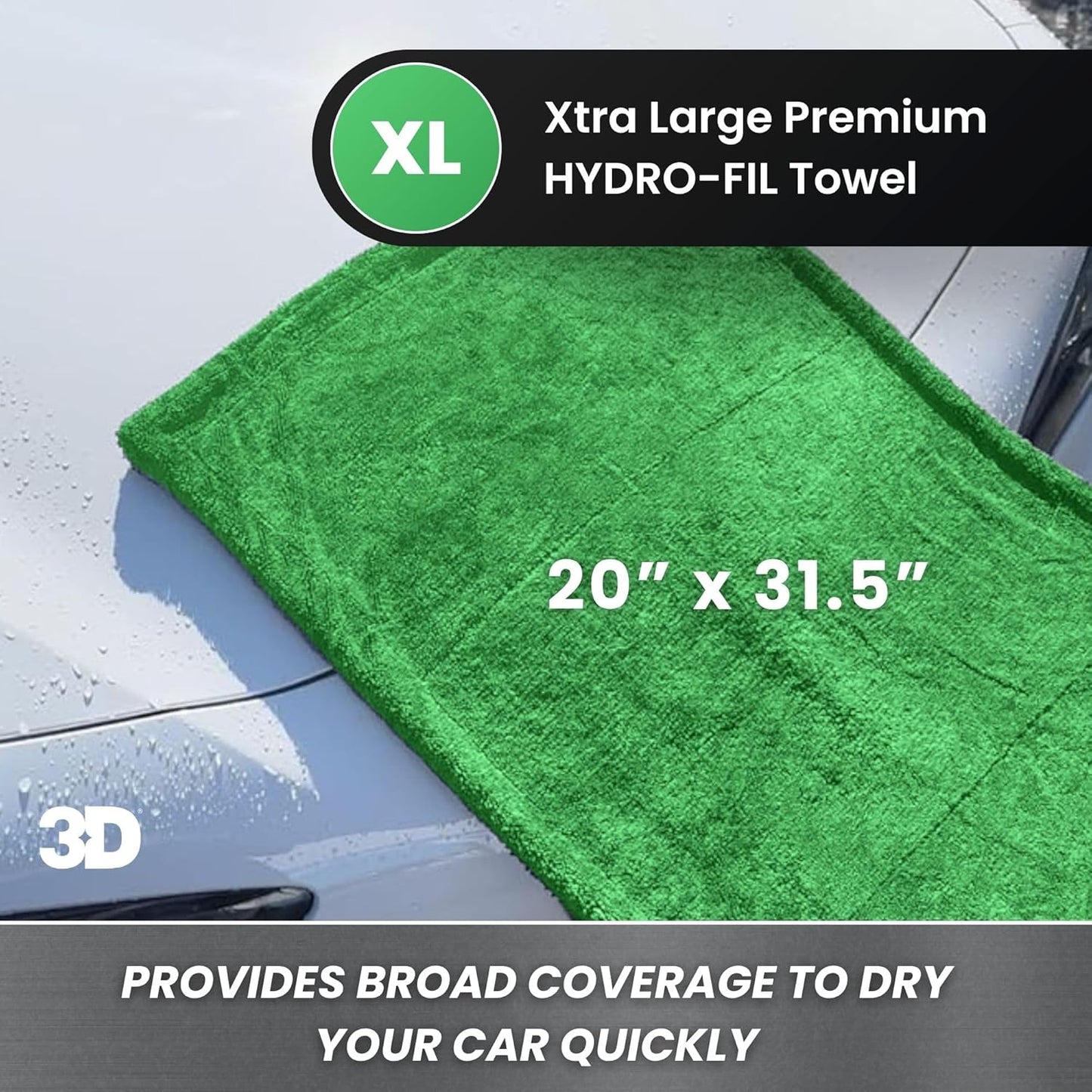 3D Hydro-FIL XL | Professional Grade Microfiber Towel | Extra Large 20” x 31.5” | Highly Absorbent | Premium Drying Cloth for Car Detailing | Green
