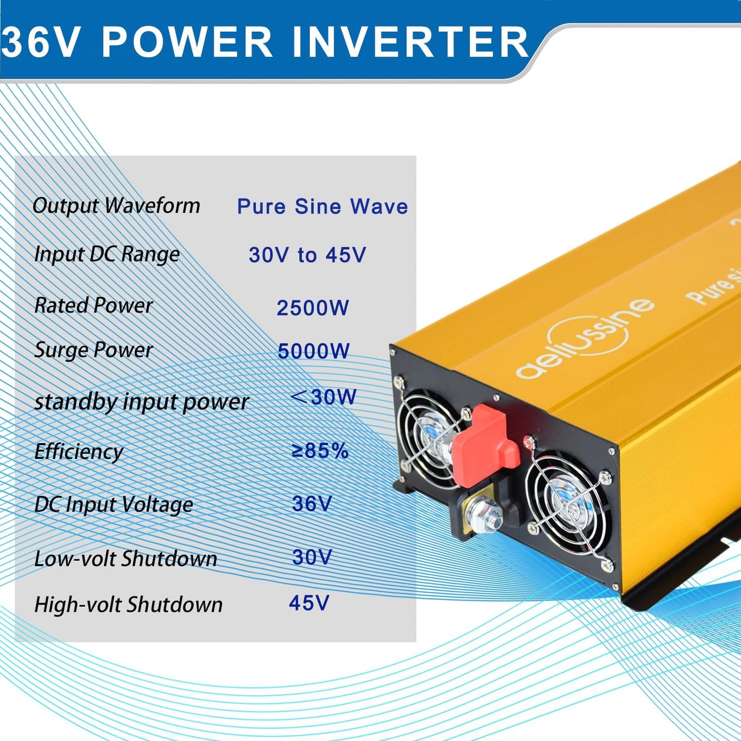 2500W Pure Sine Wave Inverter-36V DC to 110V 120V AC Power Converter with 2 AC Outlets, 36 Volt Power Inverter for Truck, Rv, Camping, Home, Emergency Power