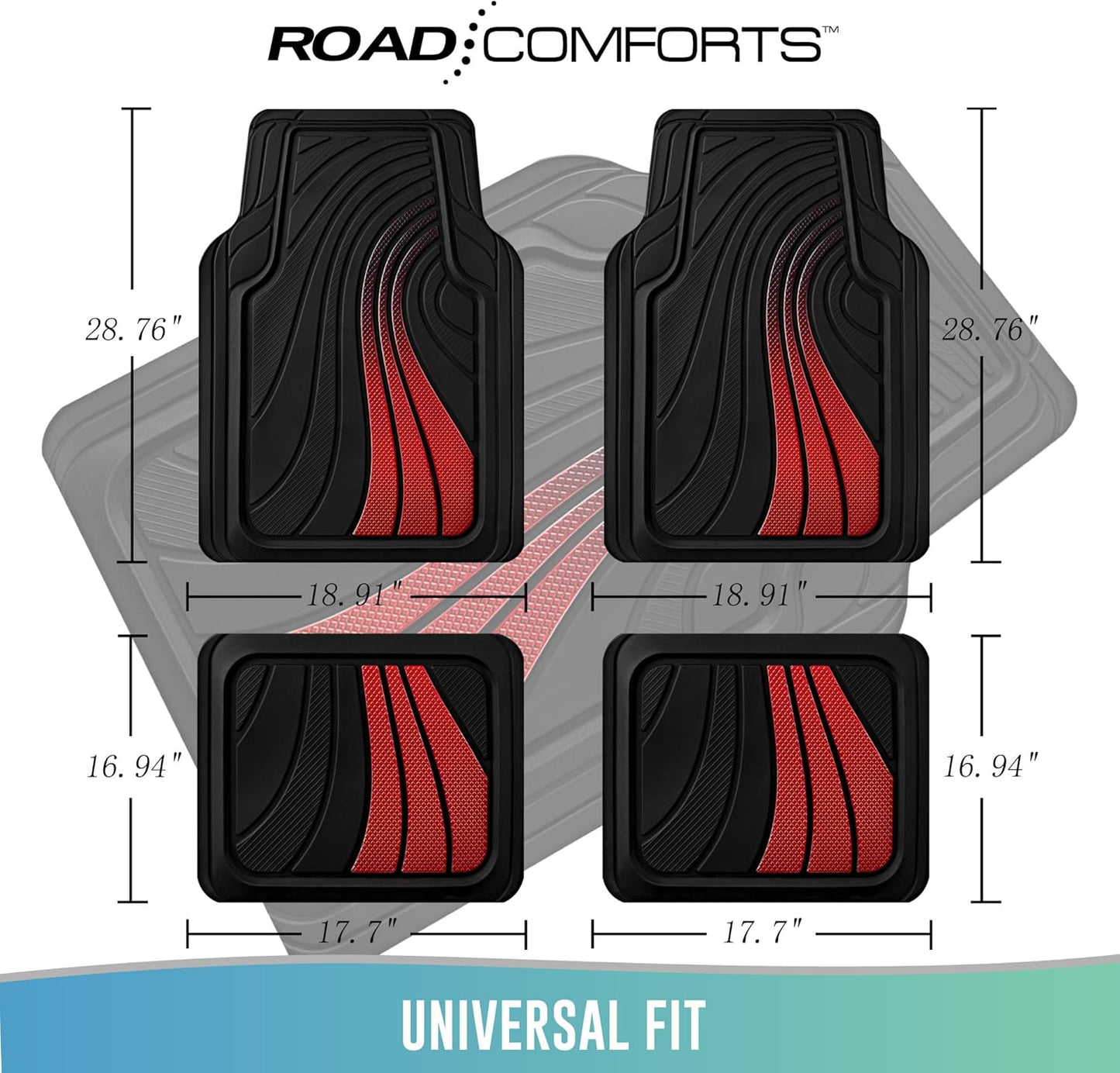 Road Comforts Car Floor Mats Full Set – Front & Rear Car Floor Mats with Aluminum Design, Anti-Slip Backing, All-Weather Protection, Trim-to-Fit Car Mats for Most Sedans, SUVs & Vans - Red