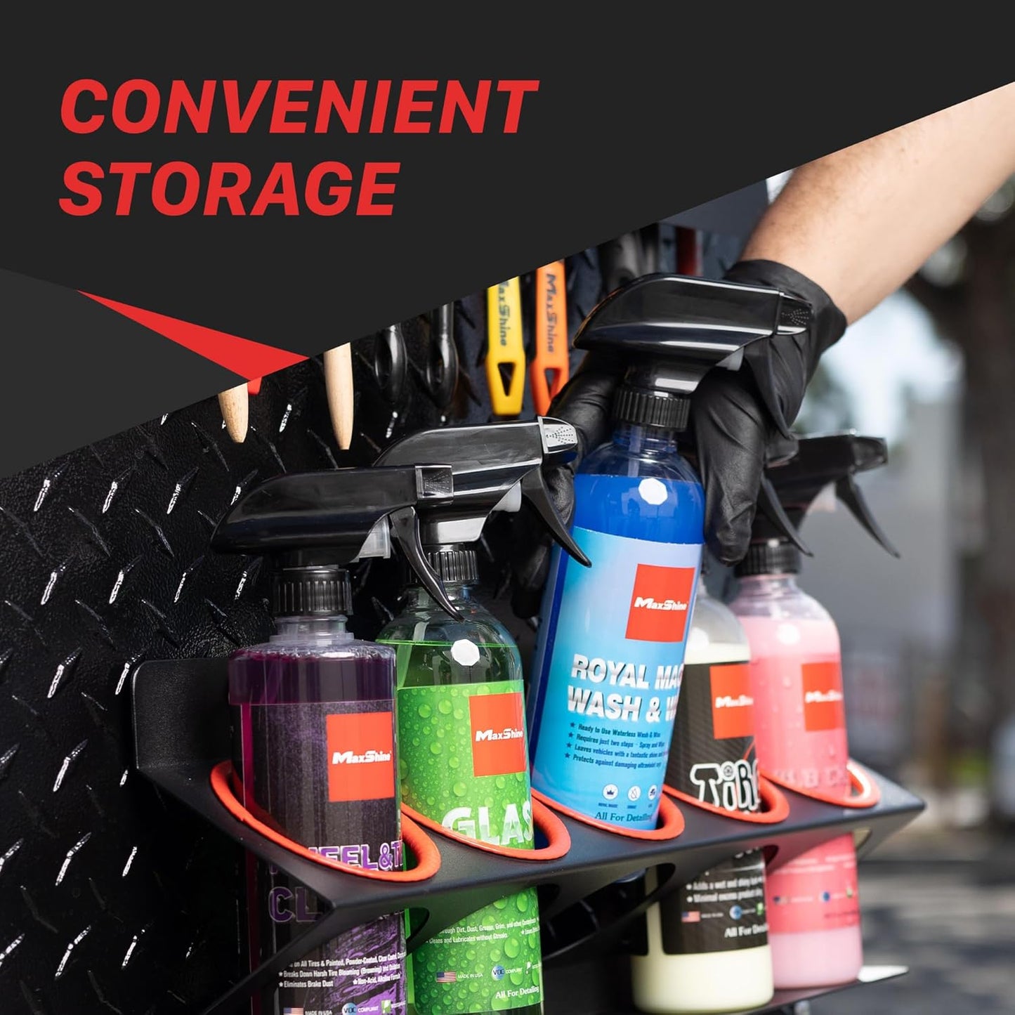 Maxshine Universal 2 Pack Spray Bottle Holder (16oz/34oz) - Holds 7 IK Trigger Sprayers with 3 Small Holes, Sturdy & Lightweight Wall-Mounted Organizer for Detailing Accessories, Easy to Install