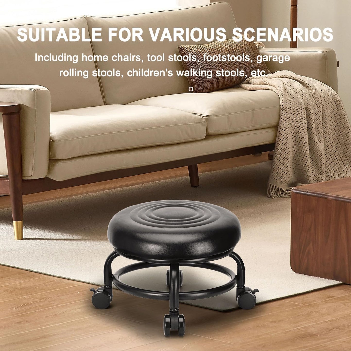 Low Height Rolling Stool Low Roller Stool PU Leather Comfortable Chair, Modern Low Rolling Stool for Home Office Garage Shop
